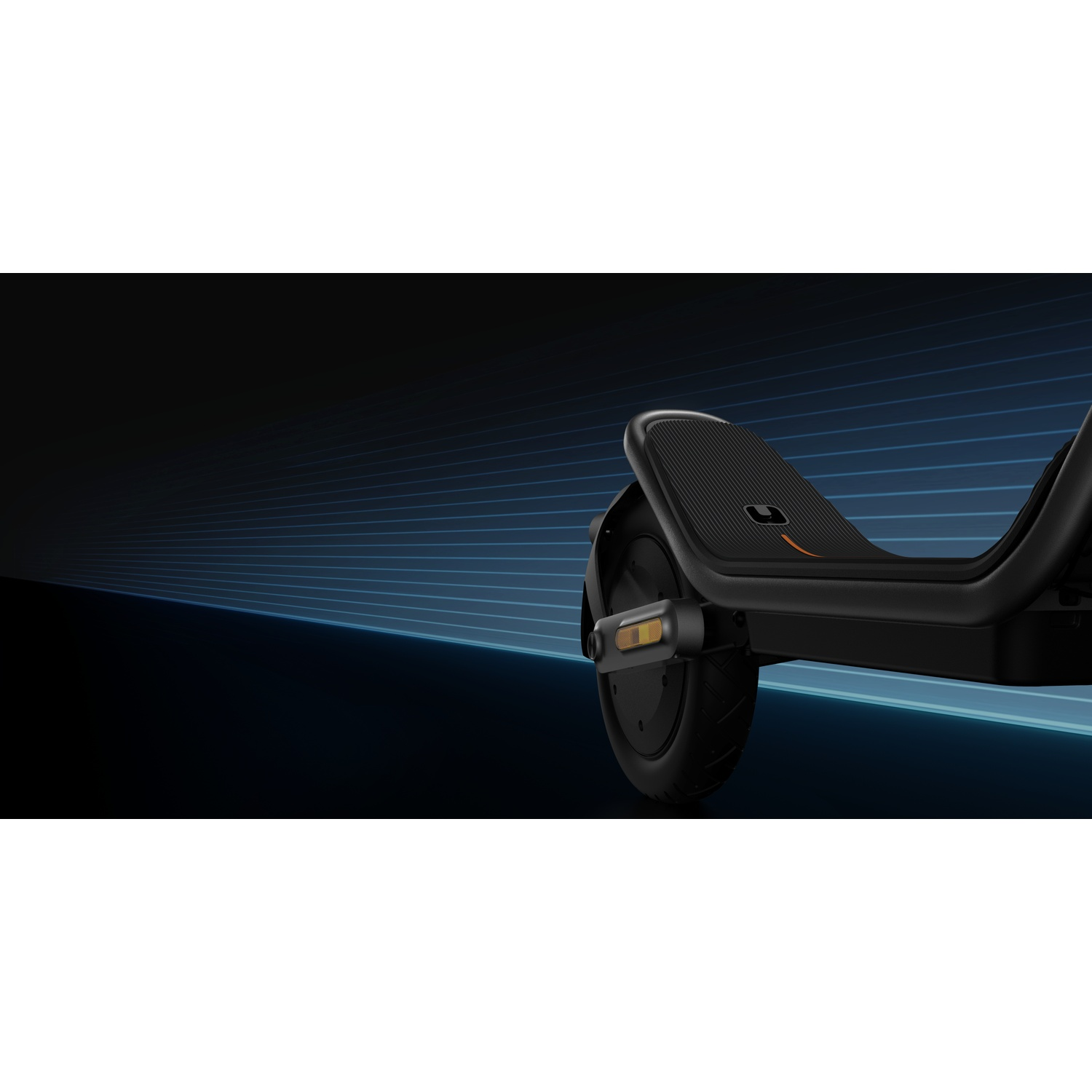 Close-up of a black electric scooter against a dark background with blue lines.
