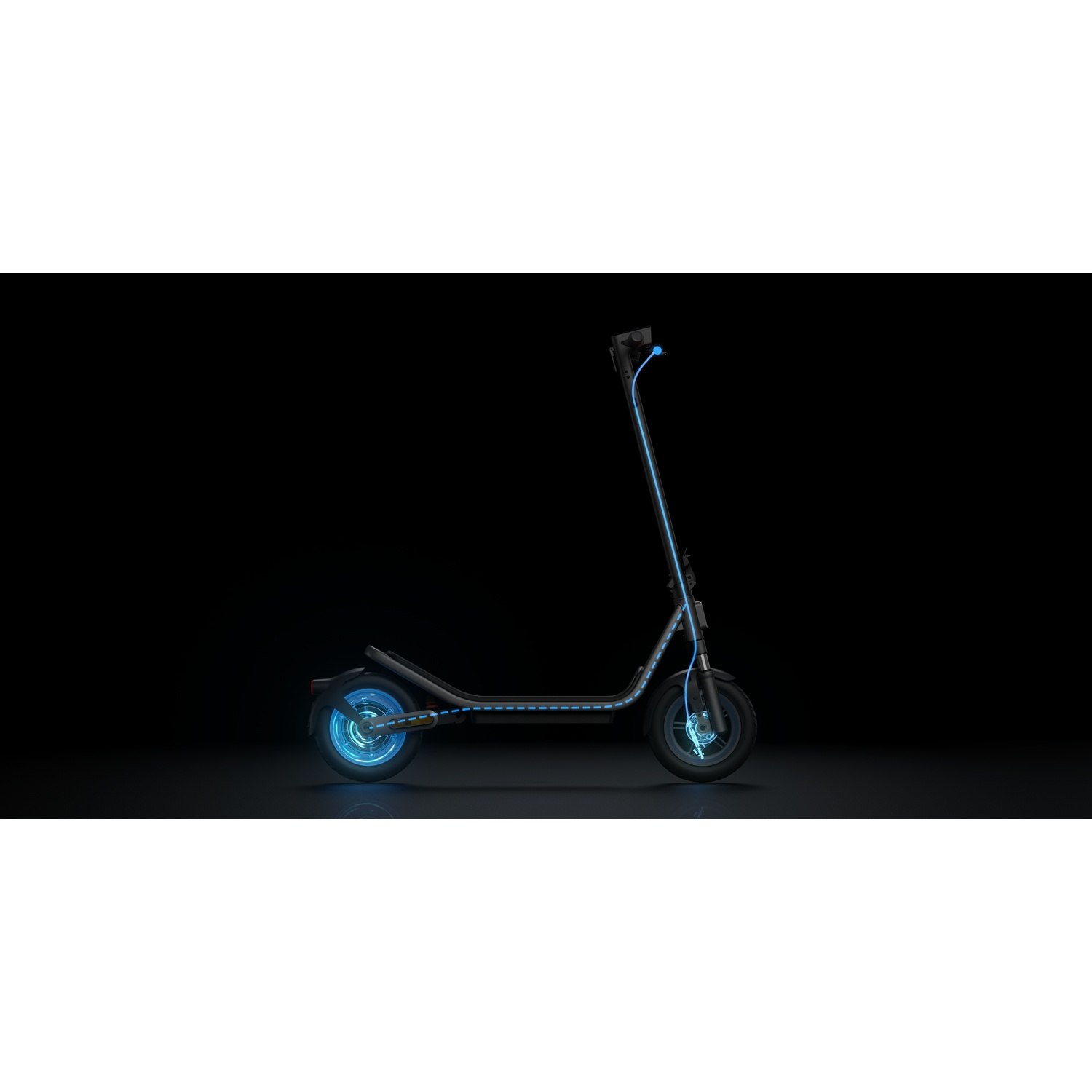 A black electric scooter with glowing blue lines indicating power flow.