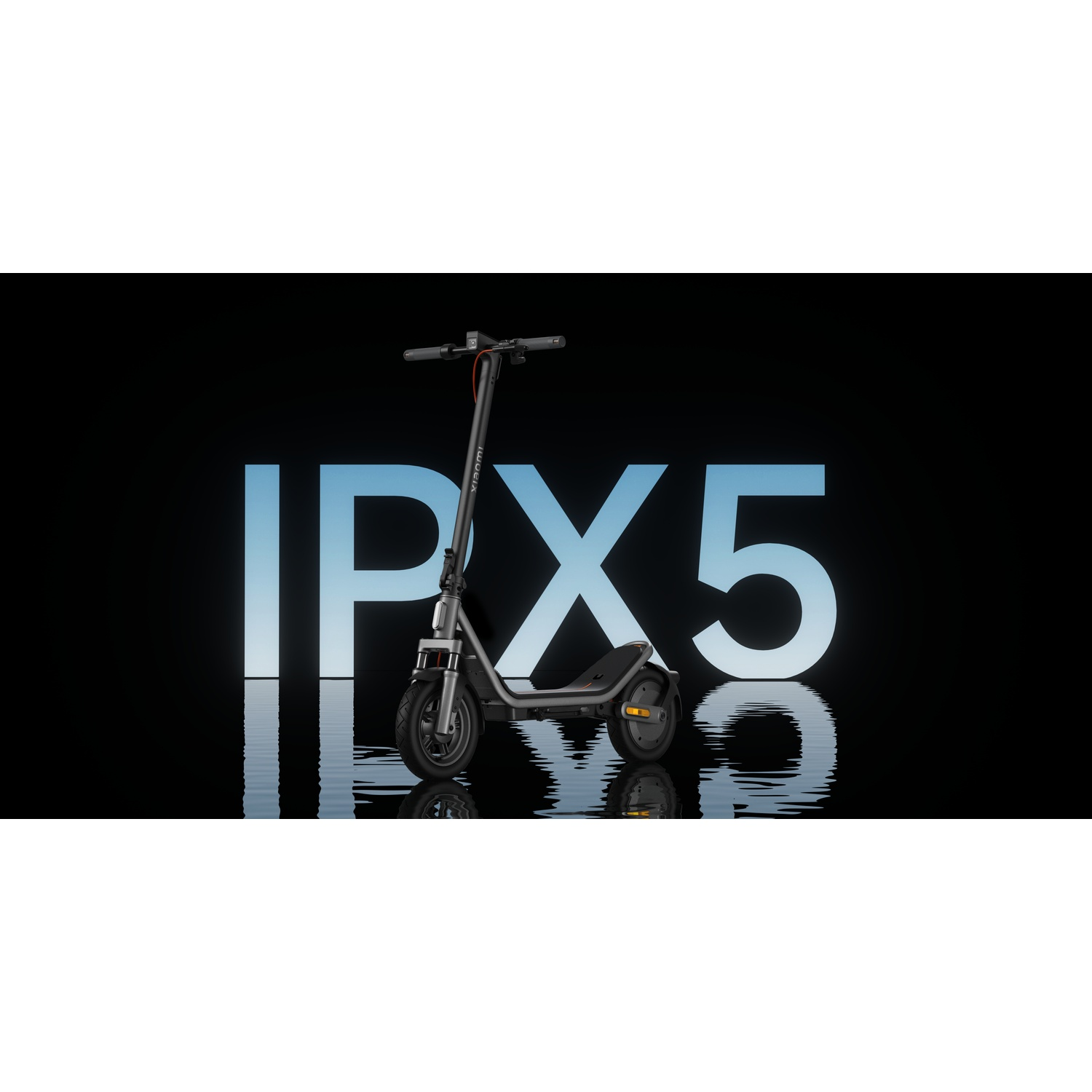 A gray electric scooter rests on a reflective surface in front of large IPX5 lettering.