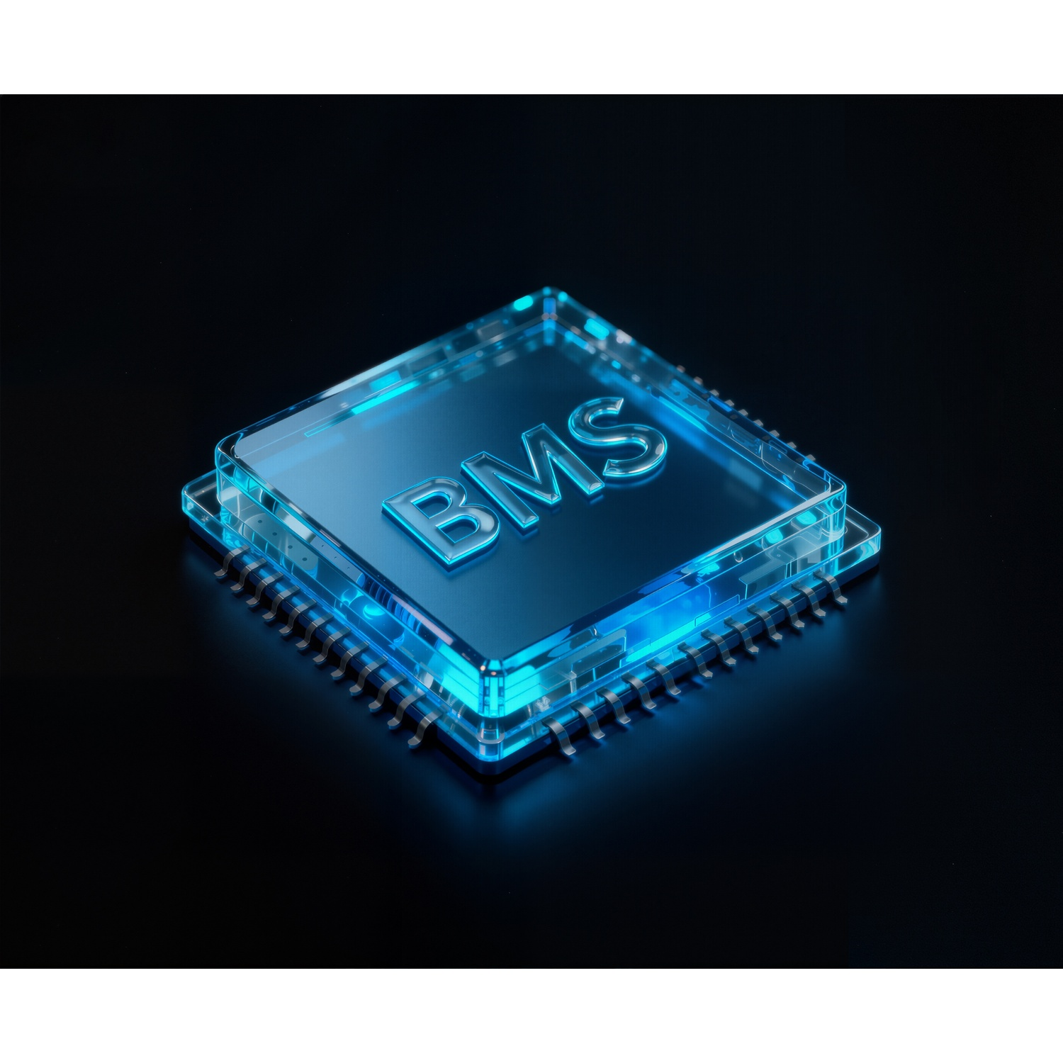 A glowing blue chip with the letters BMS on a black background.