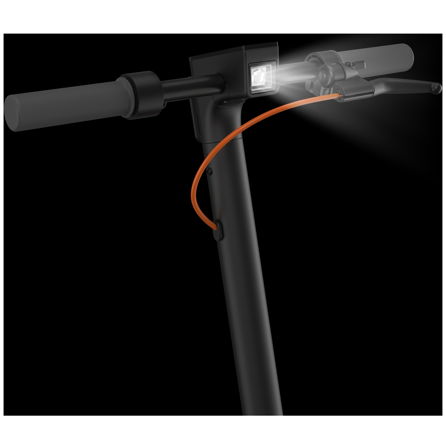 Zwart scooterstuur met handvat, remhendel en verlichte koplamp.