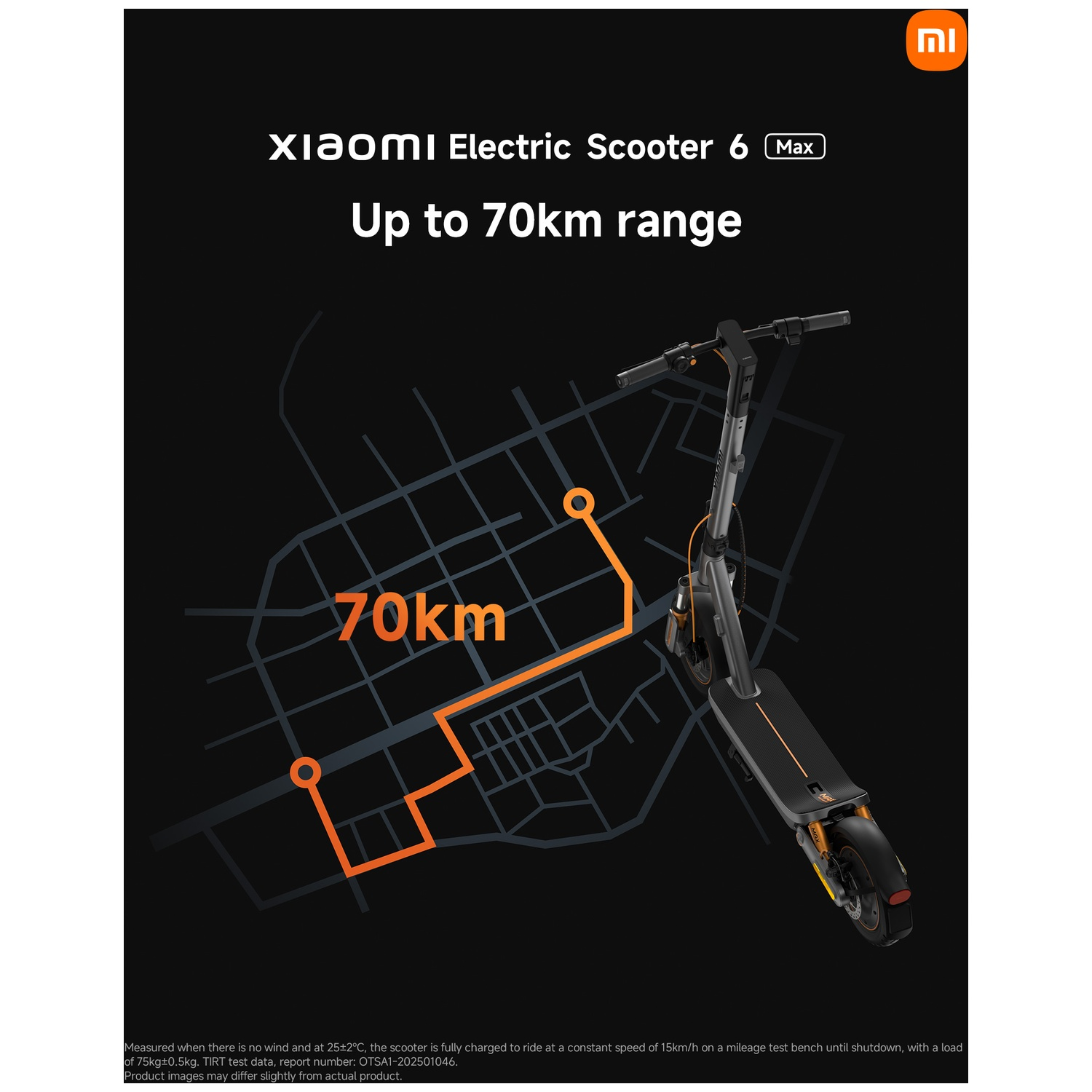Gray Xiaomi Electric Scooter 6 Max on a dark map showing 70km range.