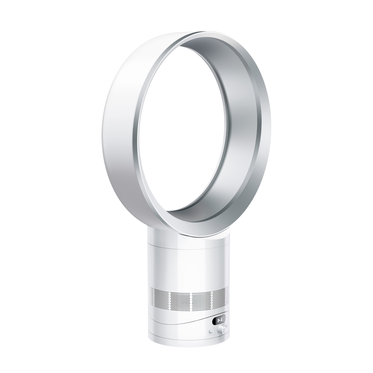 Ein weißer, blattloser Ventilator mit einem silbernen Ring auf schwarzem Hintergrund.