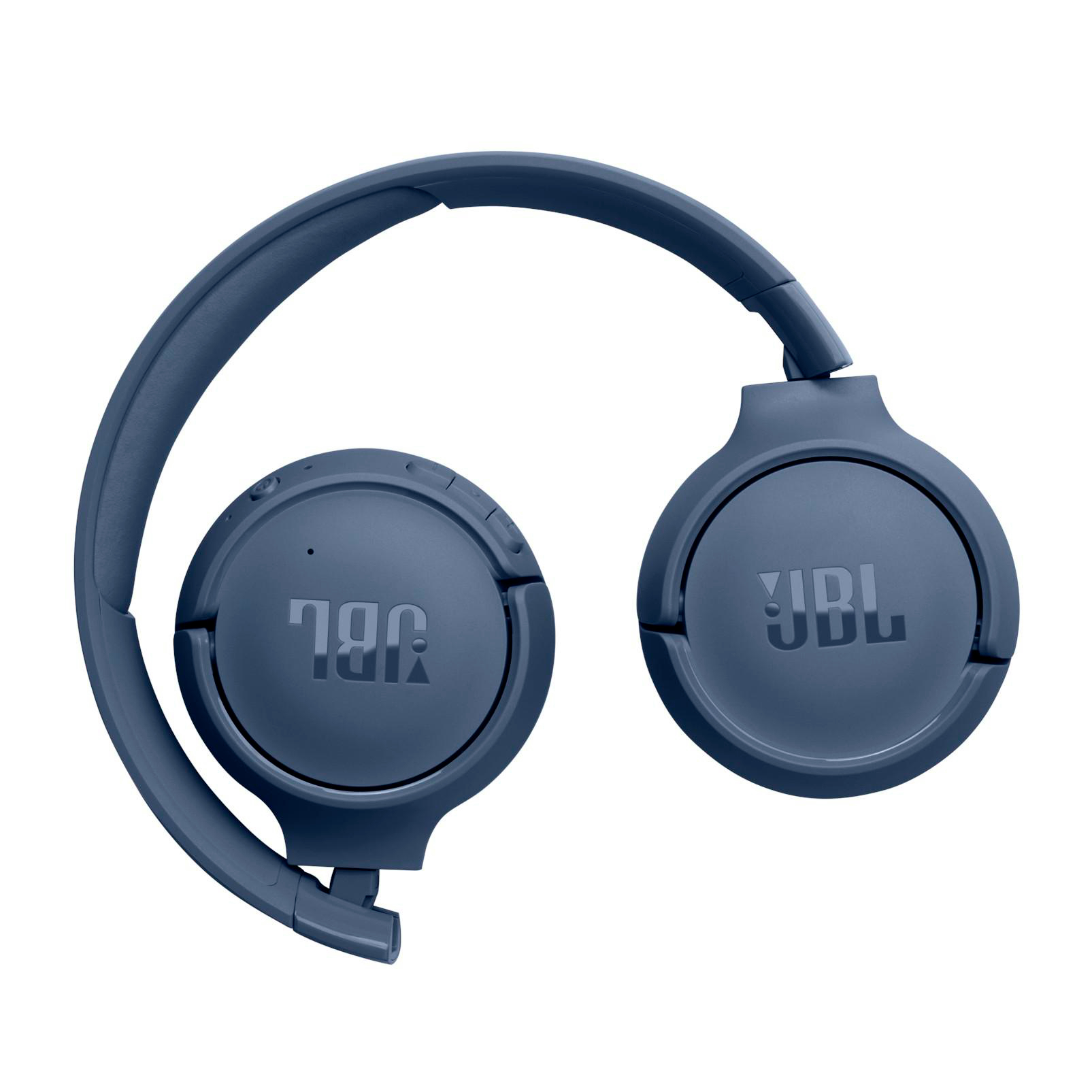 Blaue JBL Kopfhörer auf weißem Hintergrund, zusammengeklappt.