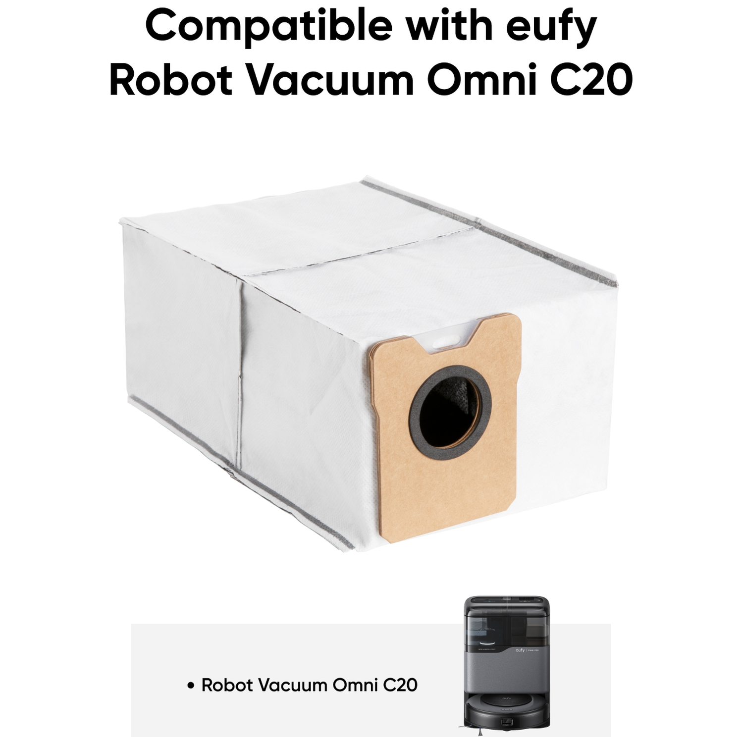 A white dust bag with a brown opening, compatible with the Eufy Omni C20.
