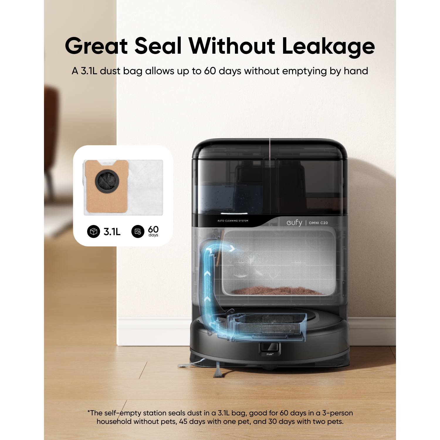 A robot vacuum dock with a 3.1L dust bag, lasting up to 60 days.