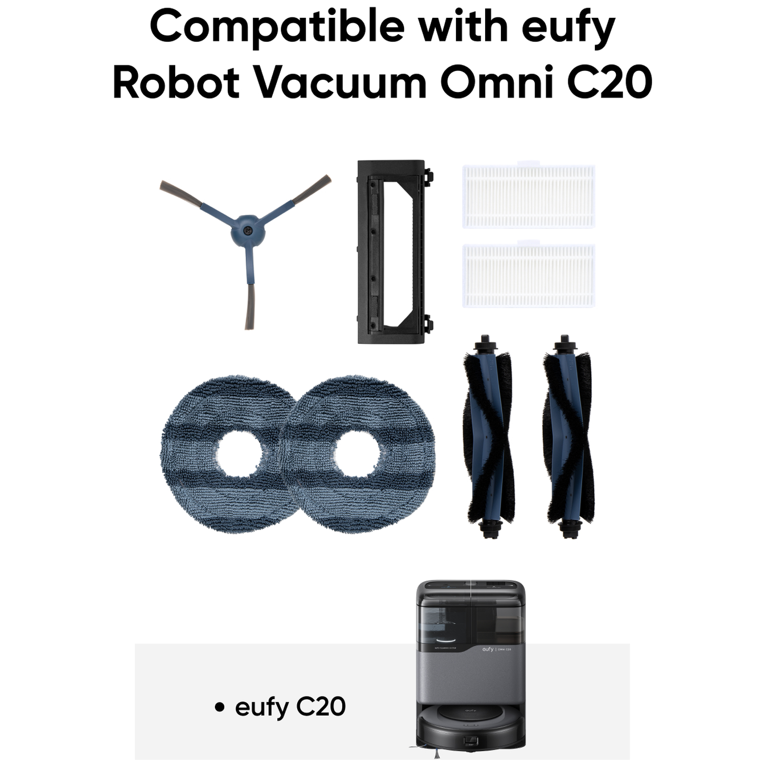 Onderdelen voor eufy Robotstofzuiger Omni C20: borstel, filters, dweilpads, rollen.