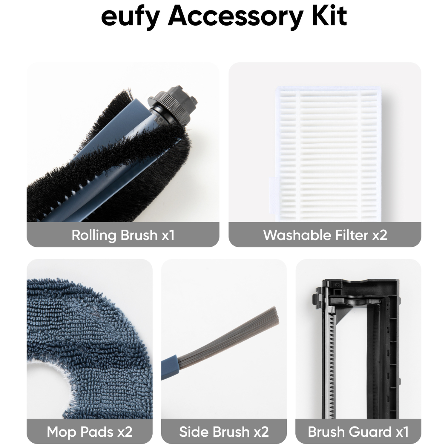 Eufy accessoirekit: rolborstel, filter, dweilpads, zijborstel, borstelbeschermer.
