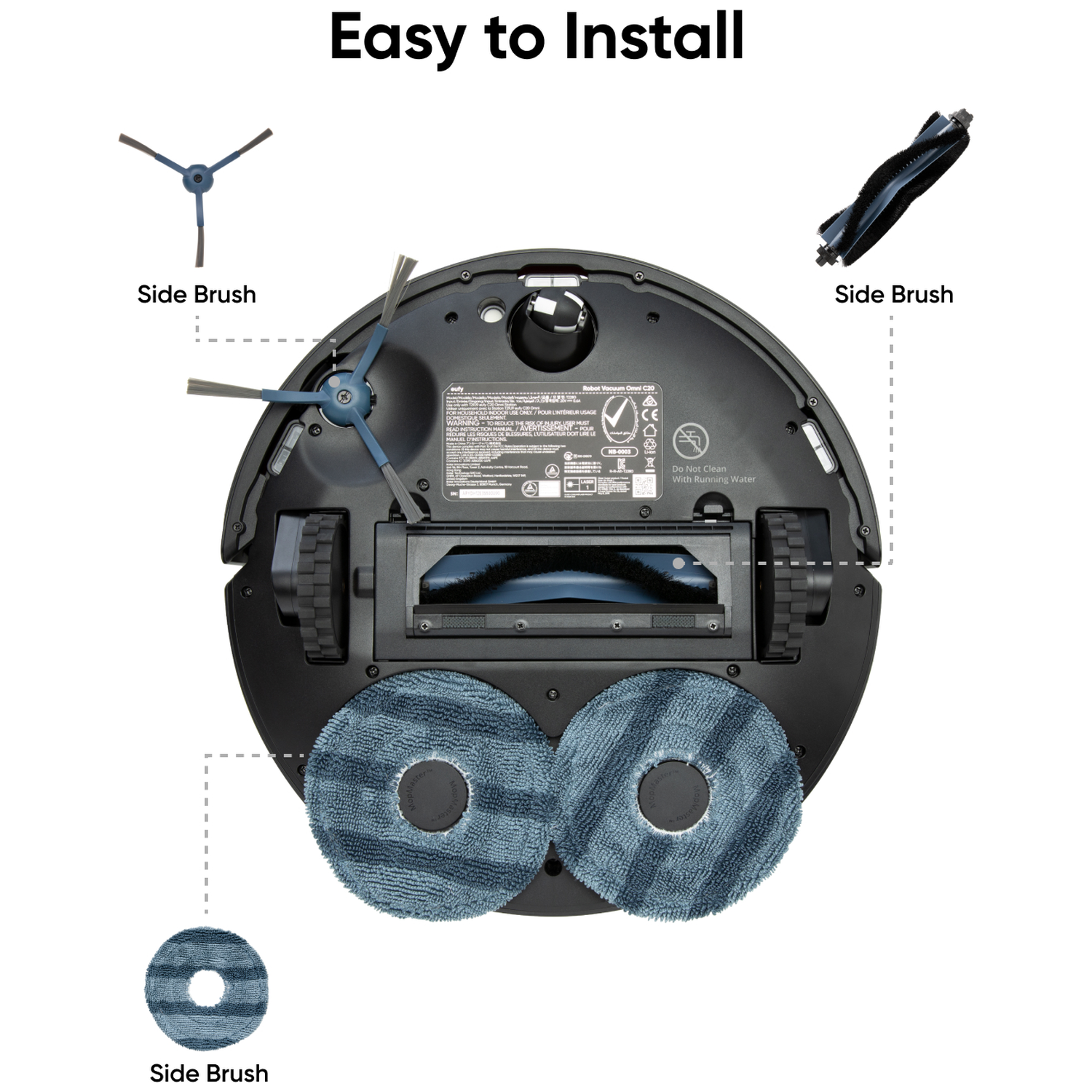 Onderkant van een robotstofzuiger met drie zijborstels en twee dweilpads.
