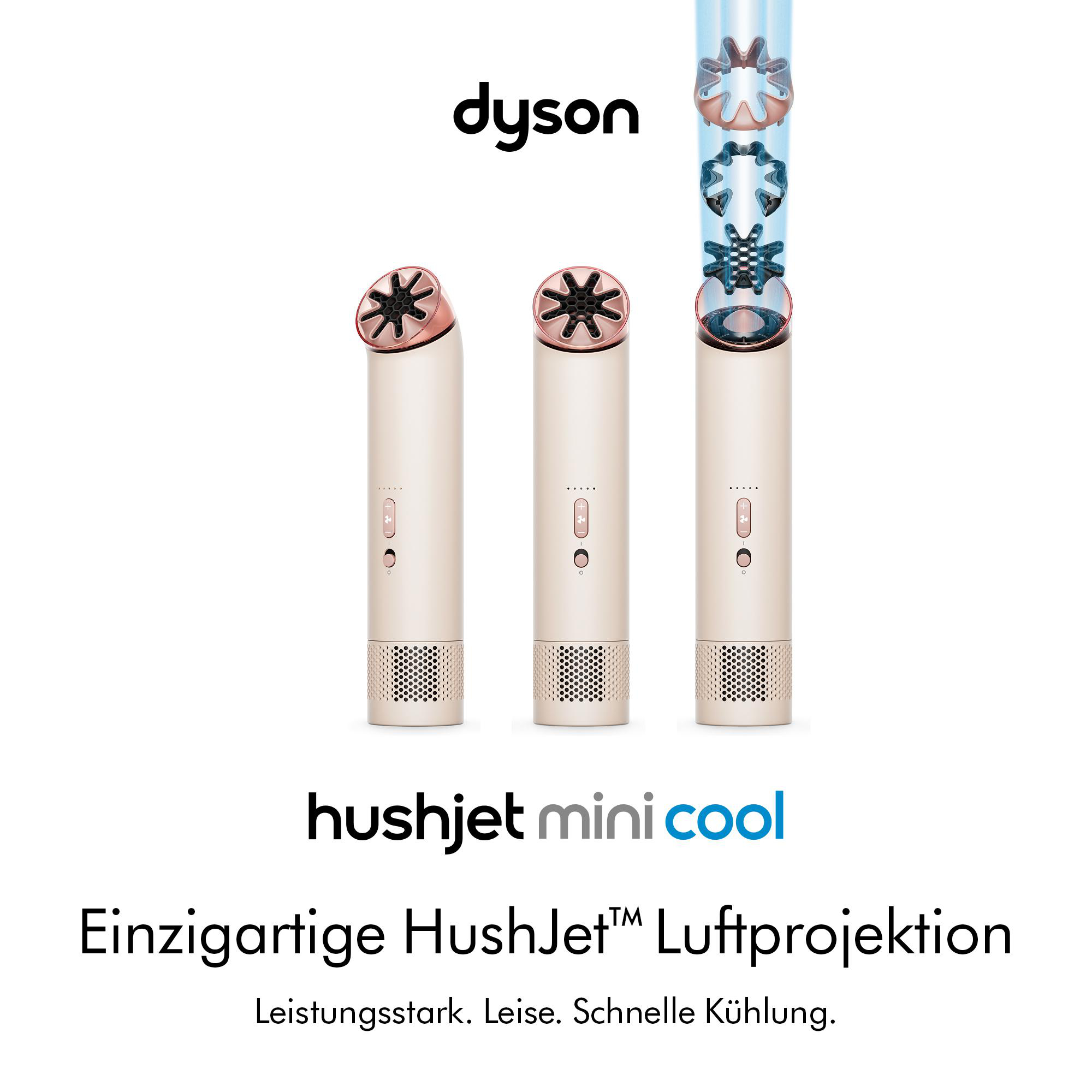 Drei Dyson HushJet Haartrockner mit roségoldenen Akzenten.