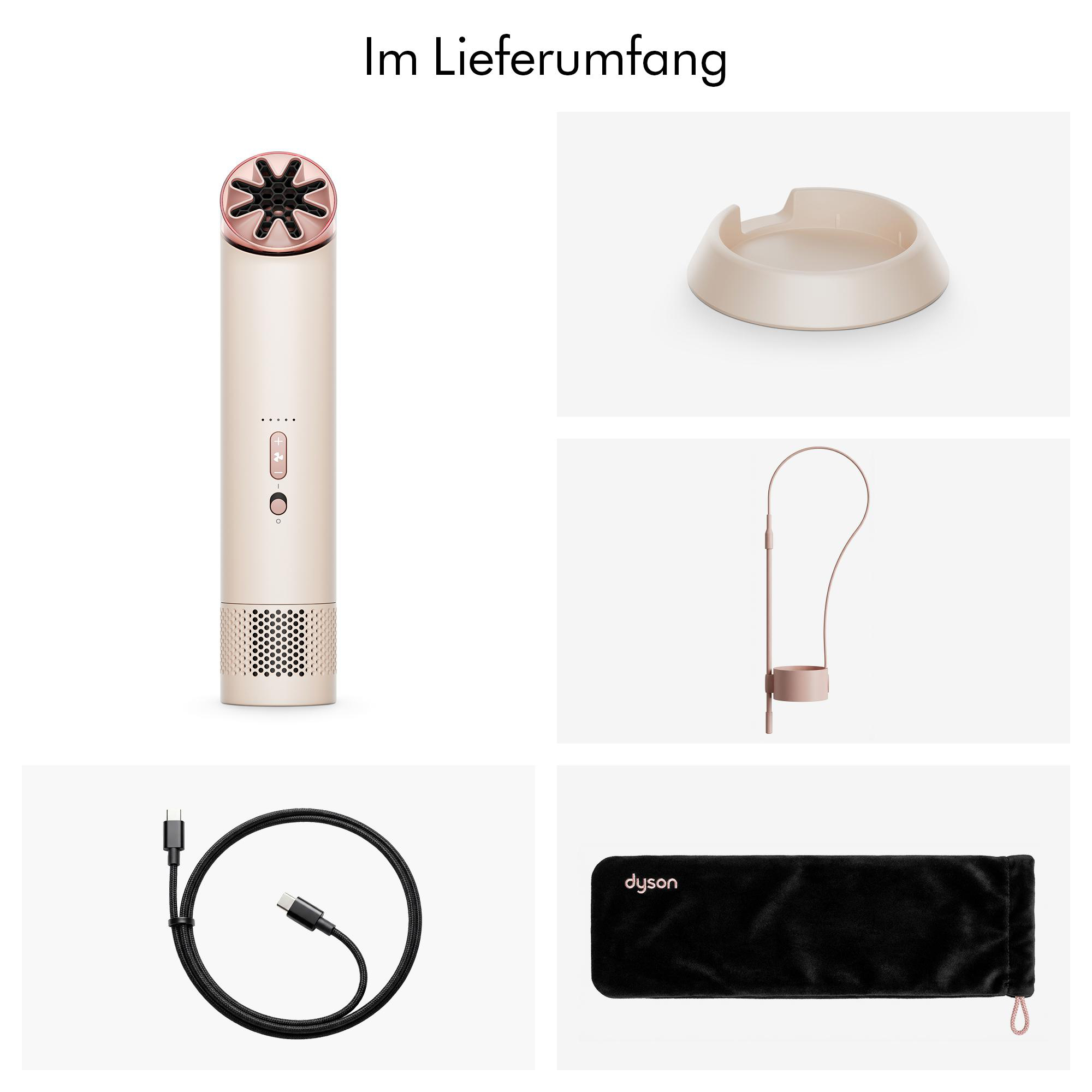 Ein goldener Haartrockner mit Zubehör: Ladestation, Halterung, Kabel und Tasche.