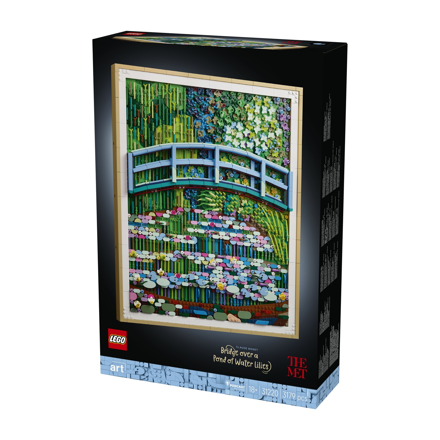 Scatola LEGO con Il ponte su uno stagno di ninfee di Monet, stile mosaico dettagliato.