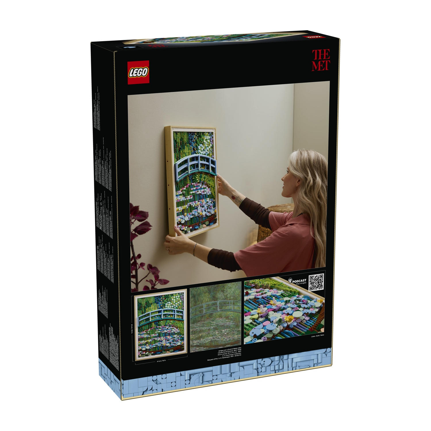 Scatola con logo Lego e The Met, raffigurante un mosaico di ponte e fiori.