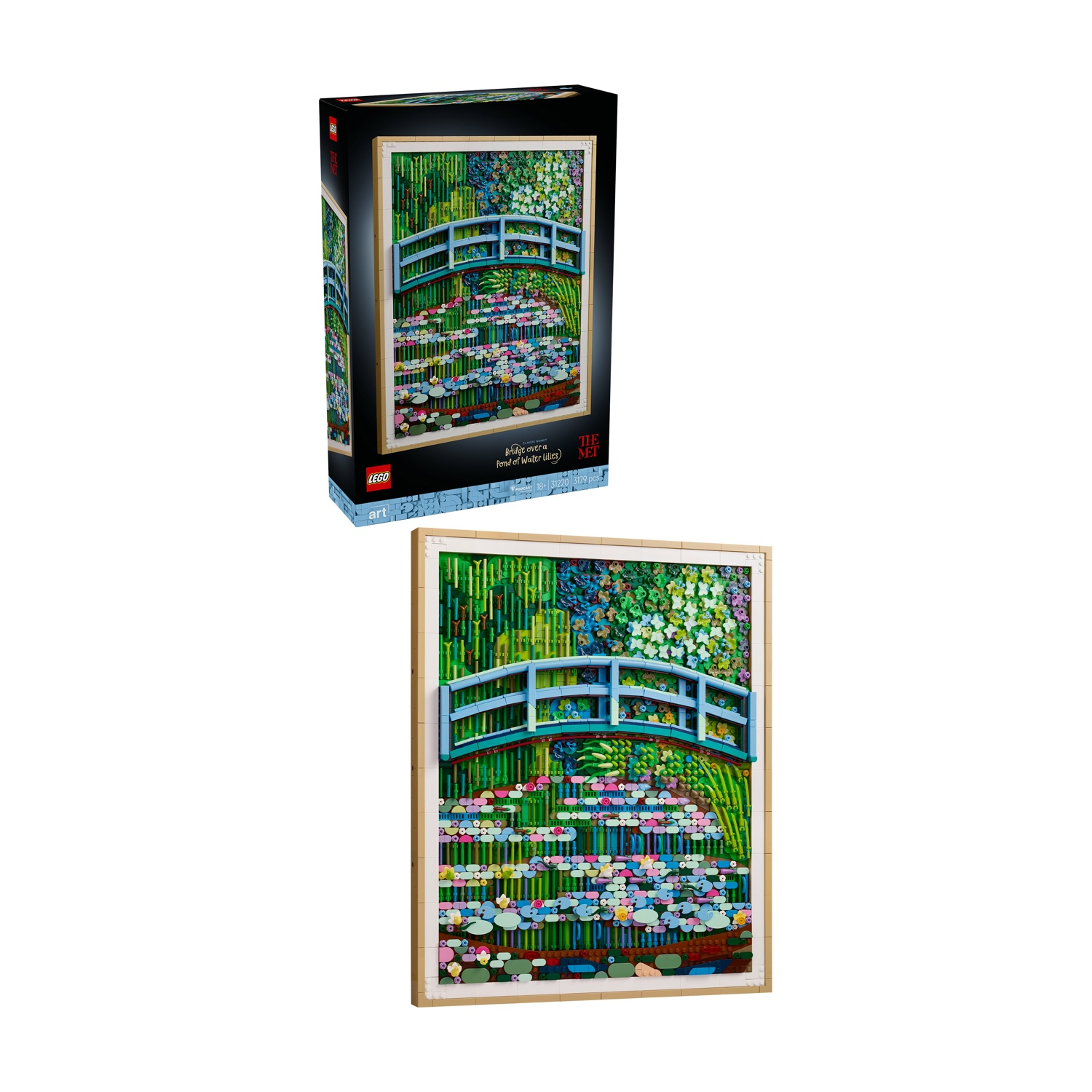 LEGO "Ponte su uno stagno di ninfee" con ponte blu e ninfee colorate.