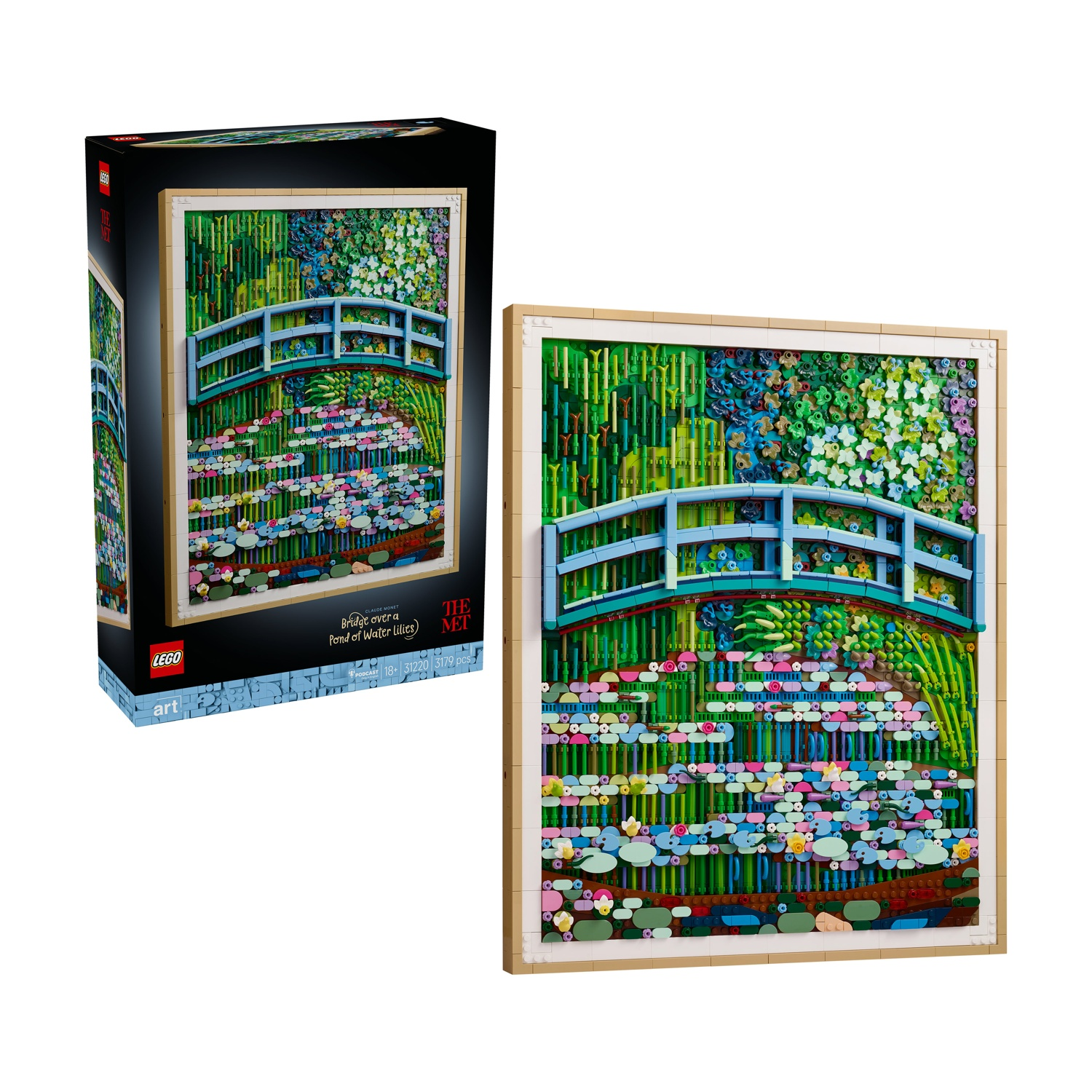 Un mosaico LEGO del Ponte di Monet su uno stagno di ninfee, con ponte blu.