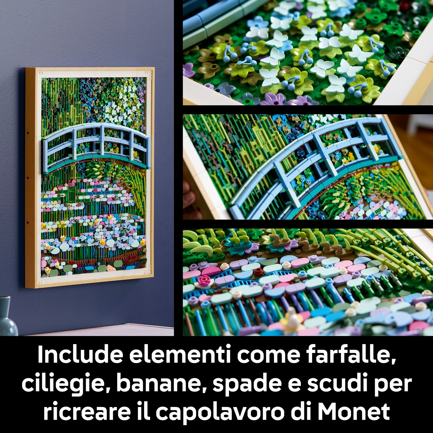 Raffigurazione Lego dello stagno di ninfee di Monet con ponte e fiori.