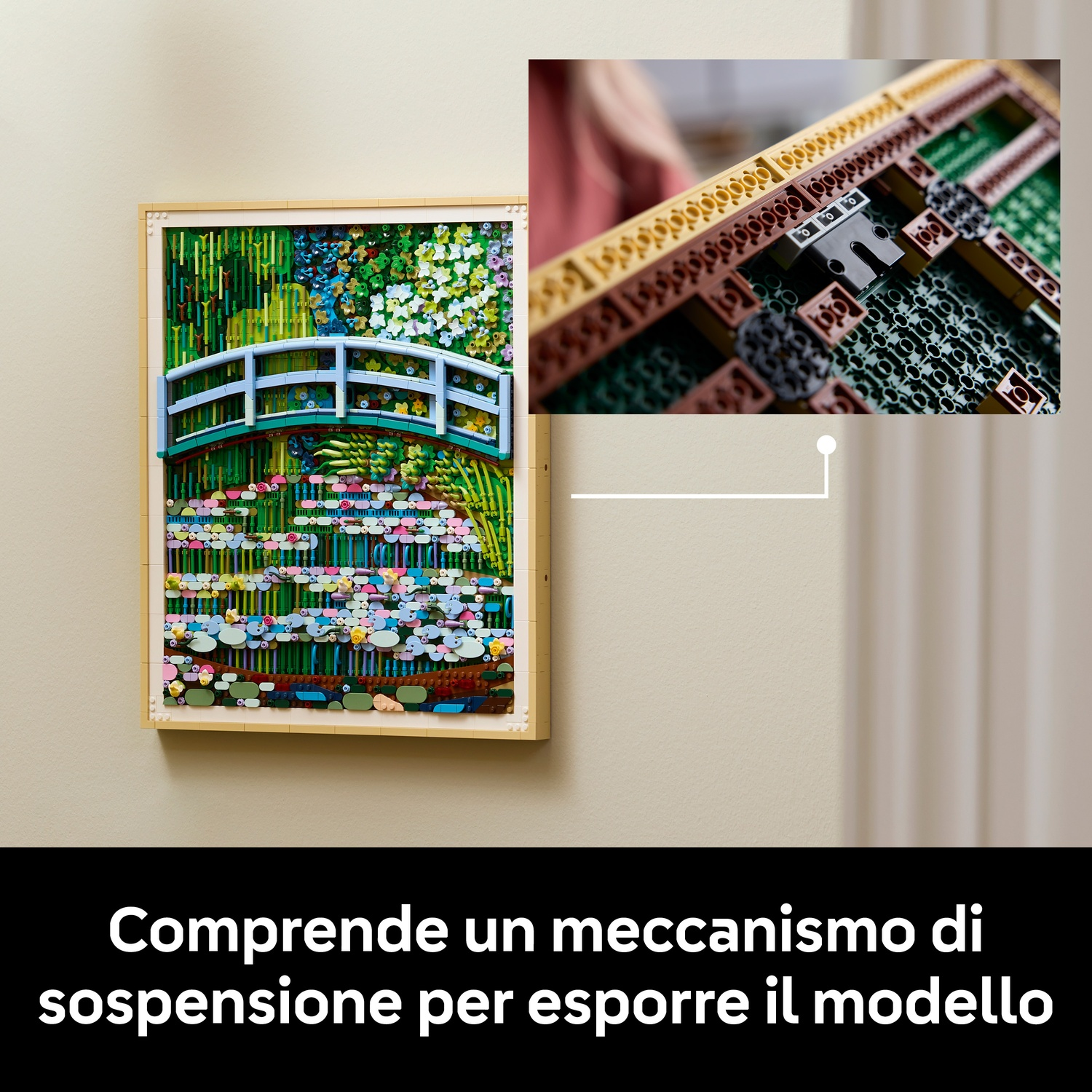 Ricostruzione LEGO di un ponte giapponese su ninfee, con primo piano del meccanismo di sospensione.