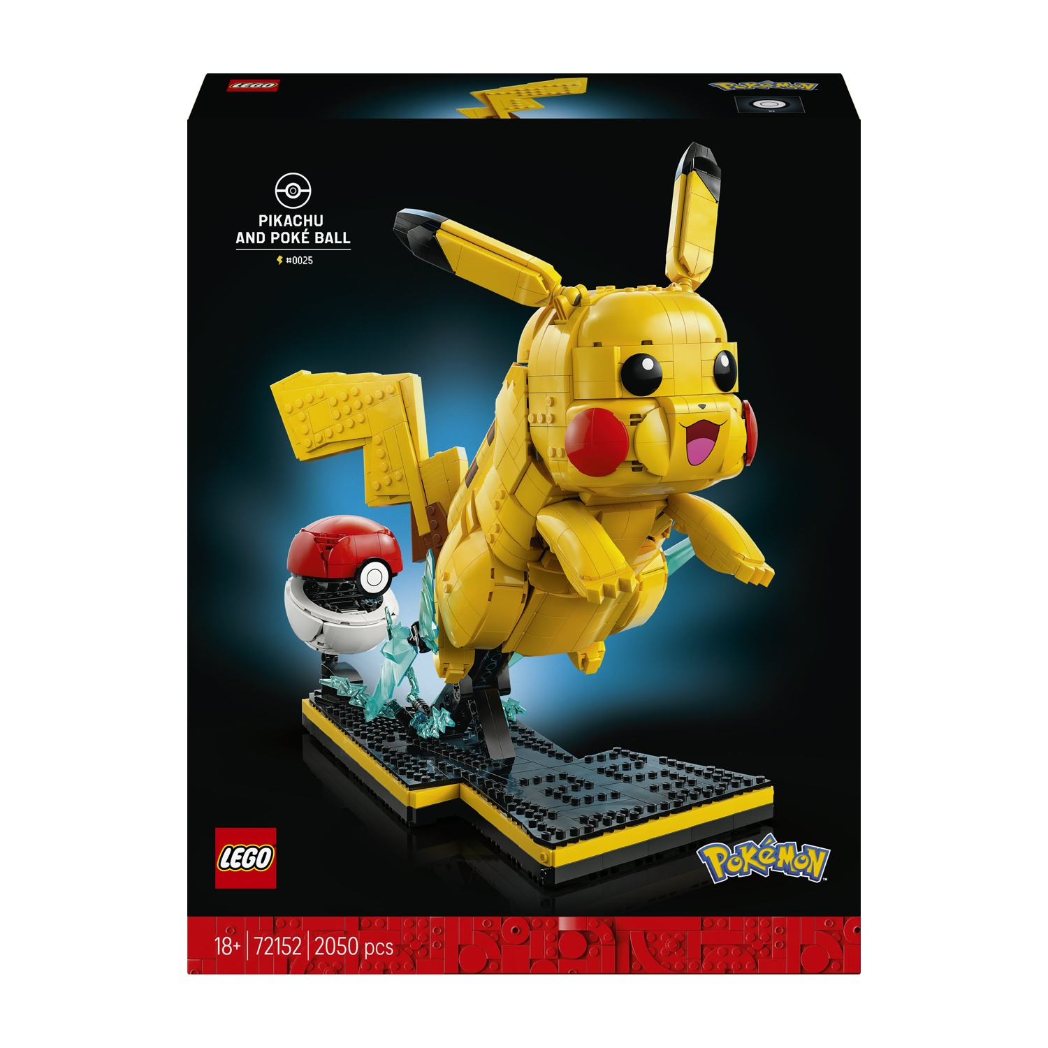Set di costruzione LEGO Pikachu e Poké Ball su sfondo scuro.