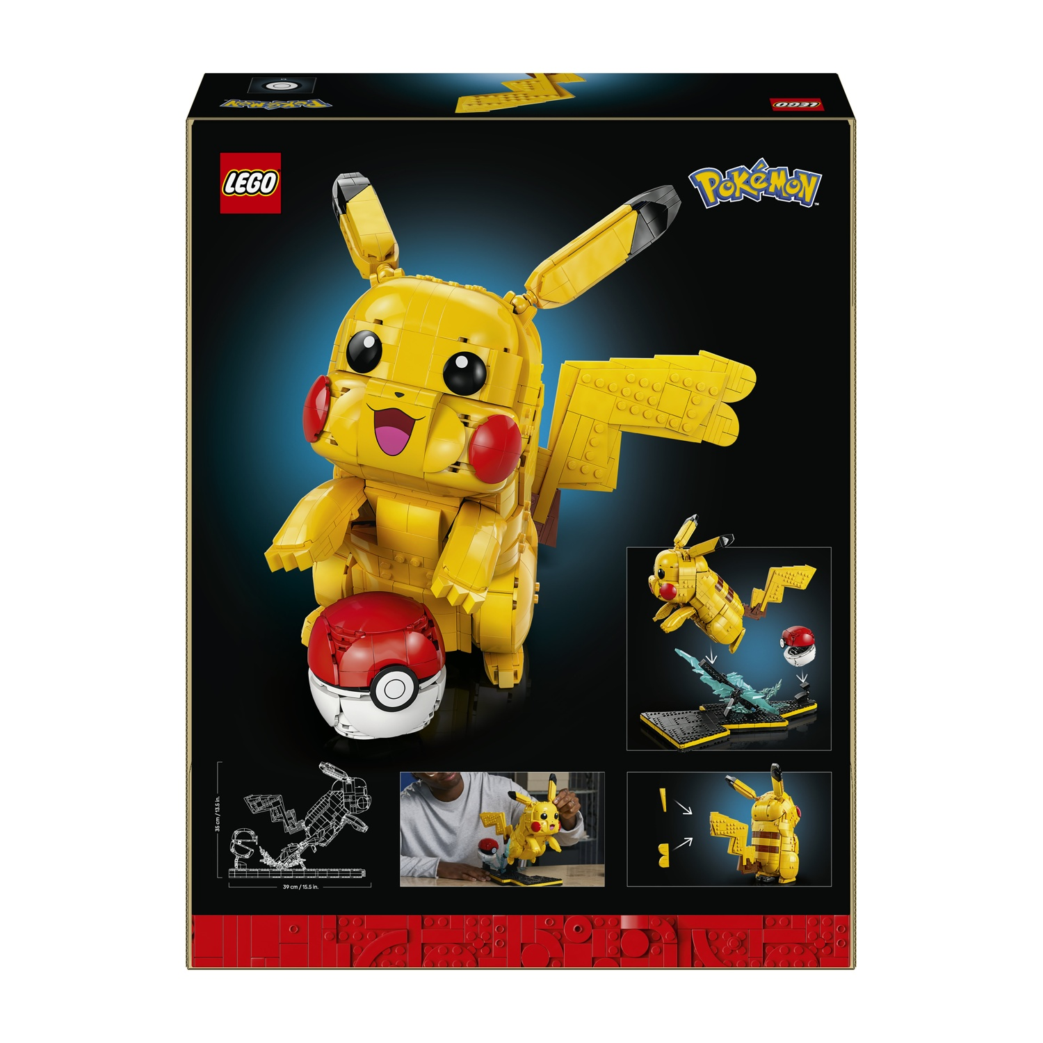 Scatola kit LEGO Pikachu che mostra il modello finito e i passaggi.