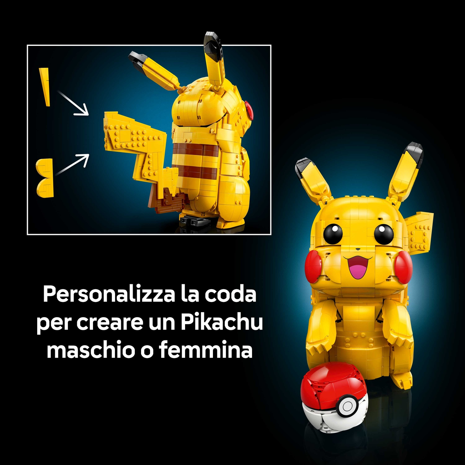 Un Pikachu Lego giallo con un Pokeball. Pezzi di coda mostrati a sinistra.