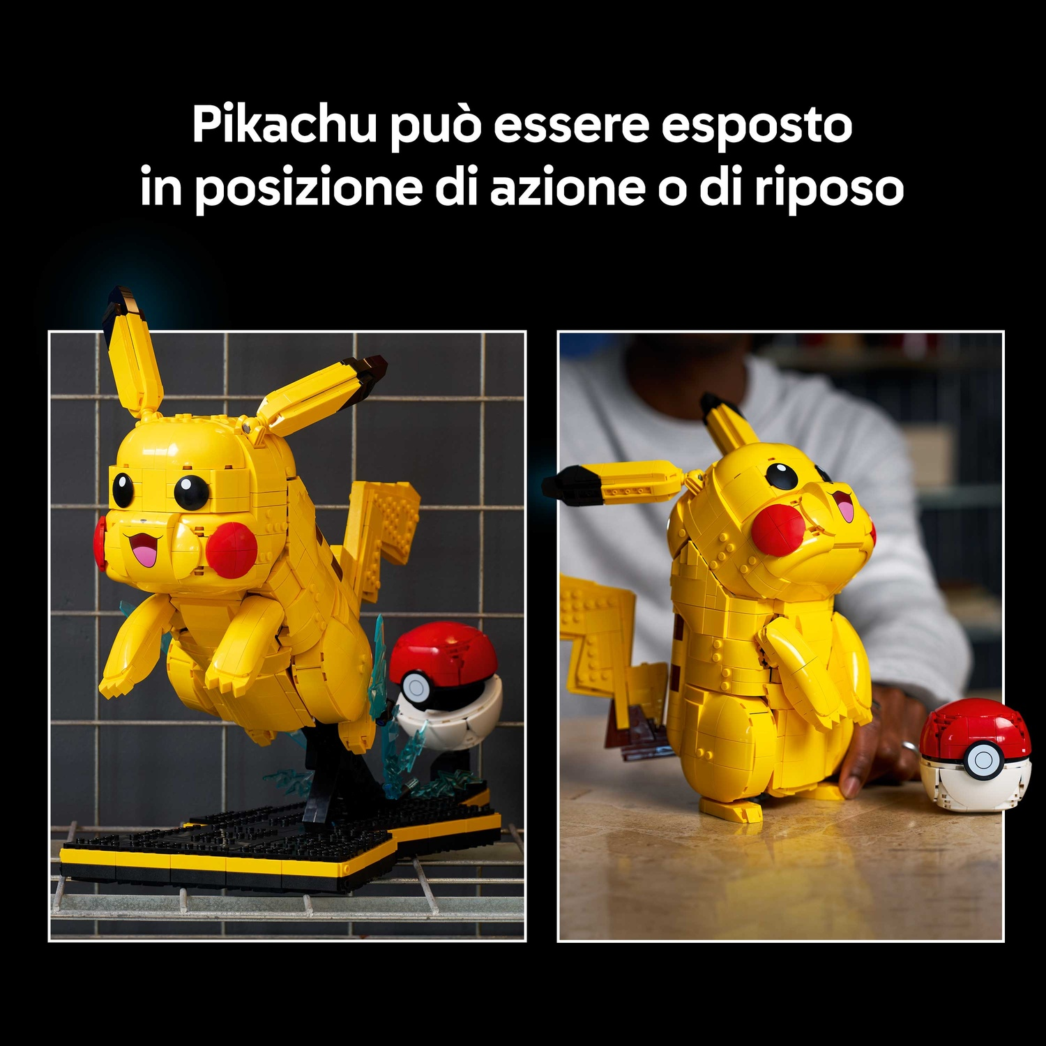Due Pikachu Lego: uno in azione con Pokeball, uno a riposo.