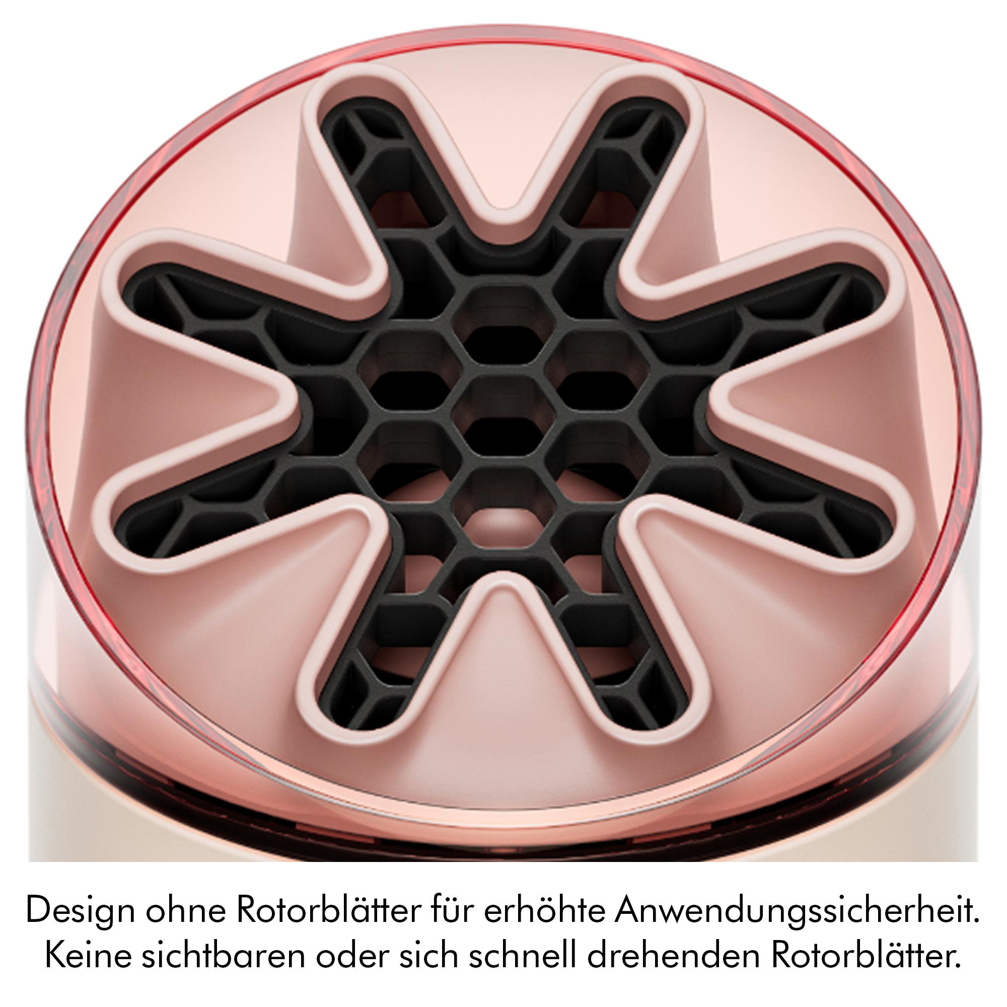 Nahaufnahme eines blassrosa Föhns mit sechseckigem schwarzen Gitter.