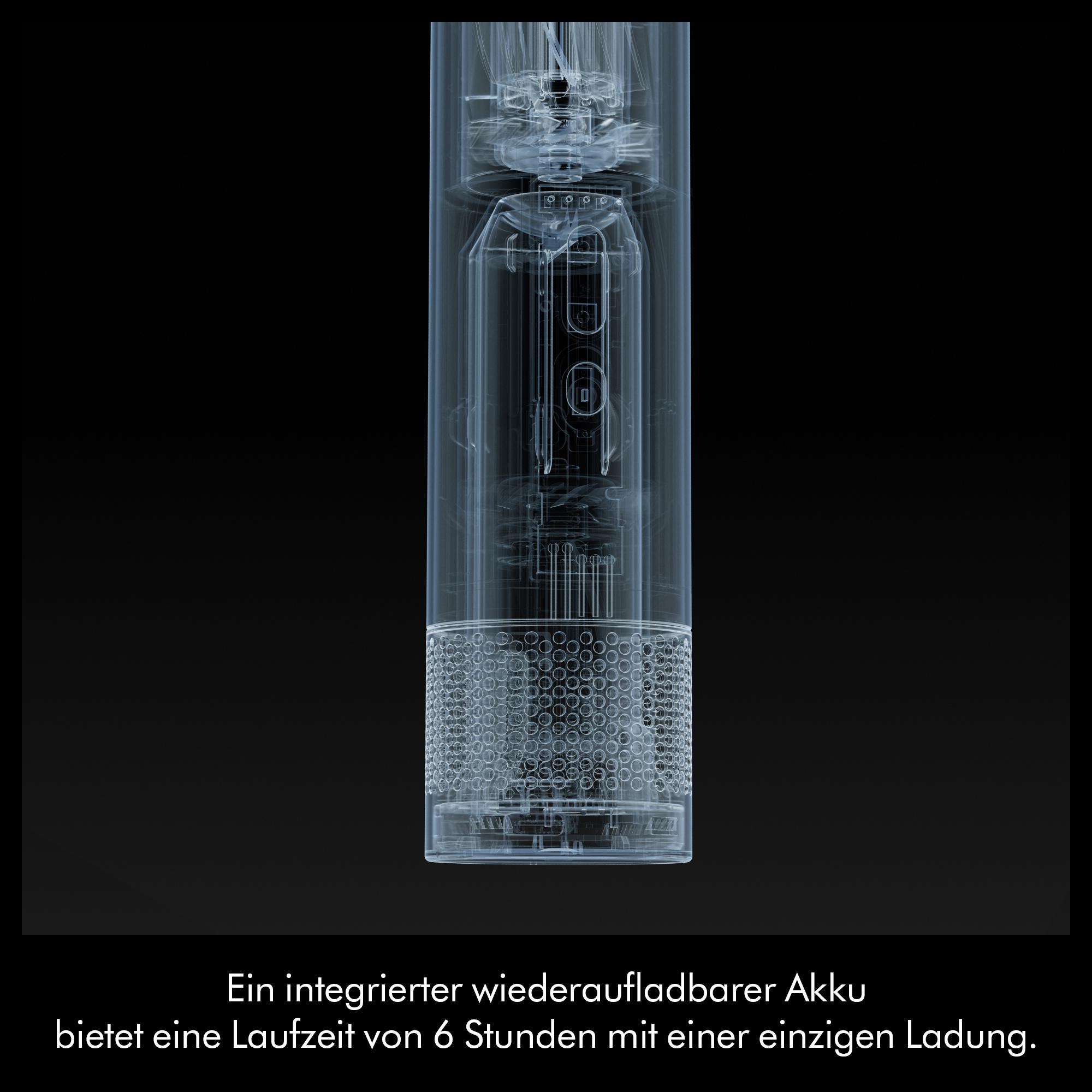 Ein integrierter Akku mit 6h Laufzeit. Transparente Ansicht.