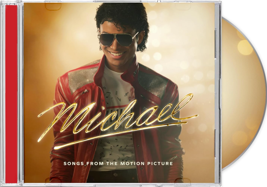 Ein Mann in roter Jacke trägt Sonnenbrille, Albumcover mit Glitzer und Noten.