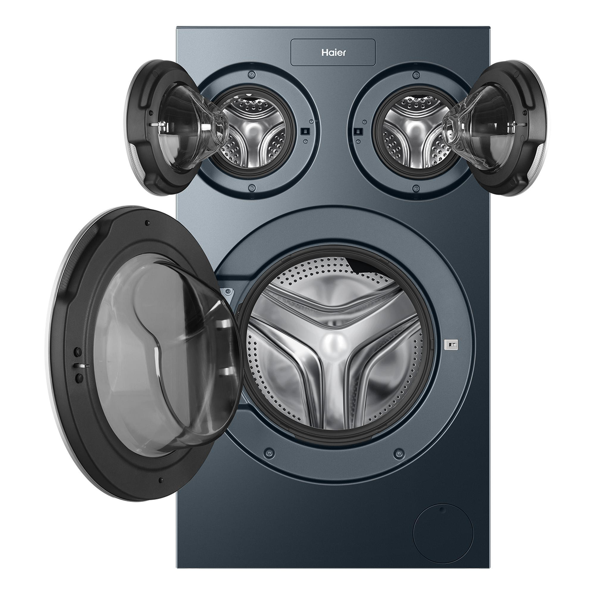 Haier Waschmaschine mit drei offenen Trommeln und Glastüren.