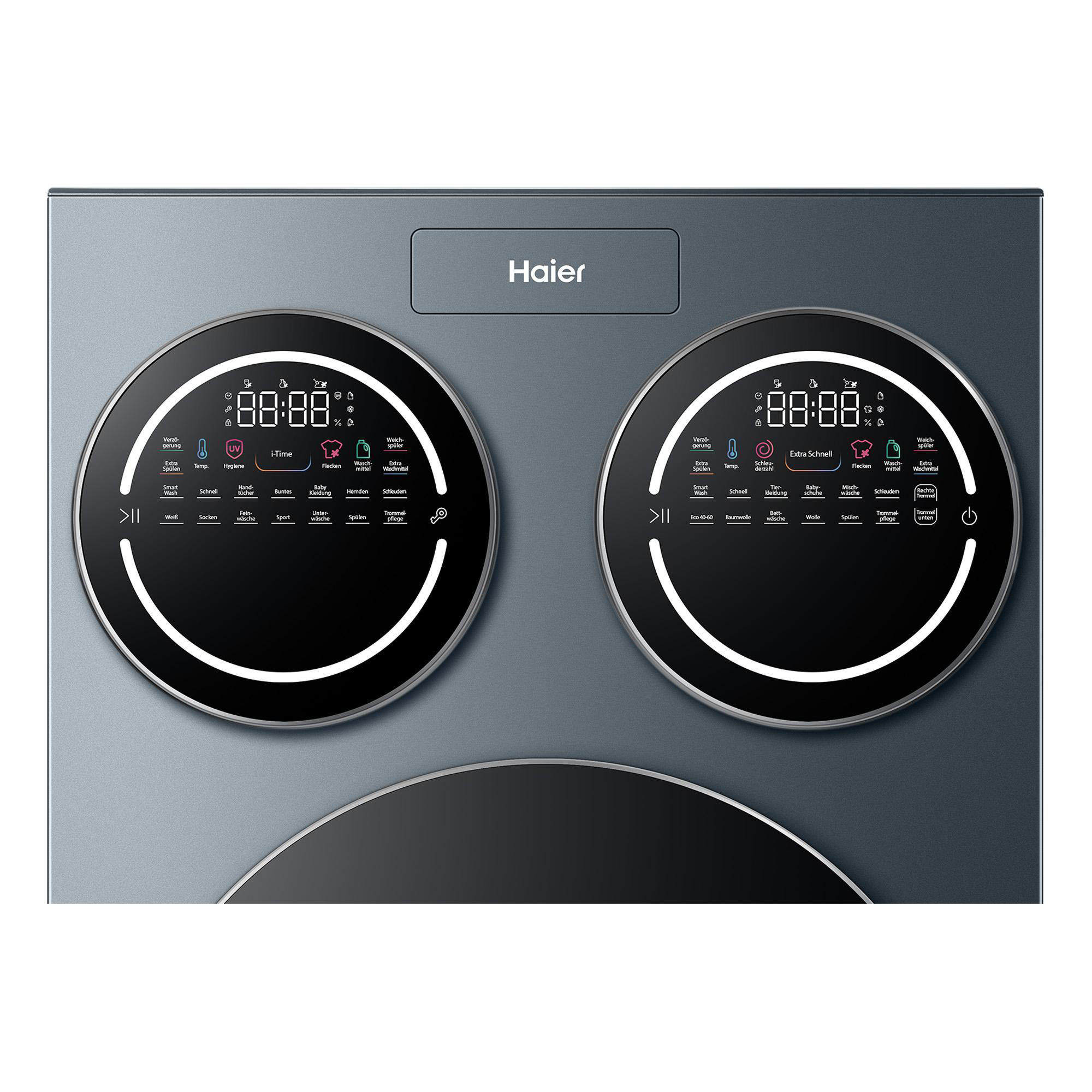 Haier Waschmaschine mit zwei runden Displays und Programmauswahl.