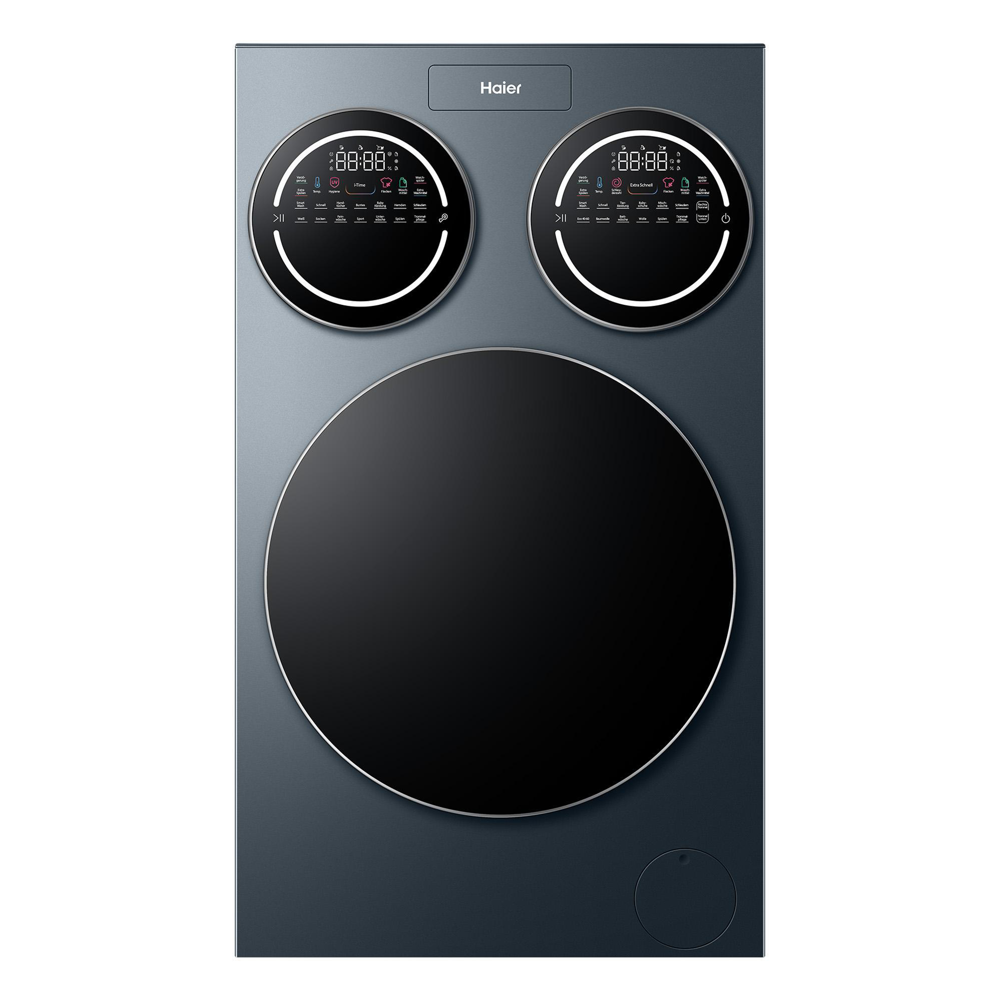 Haier Waschmaschine mit zwei runden Displays und großer runder Tür.