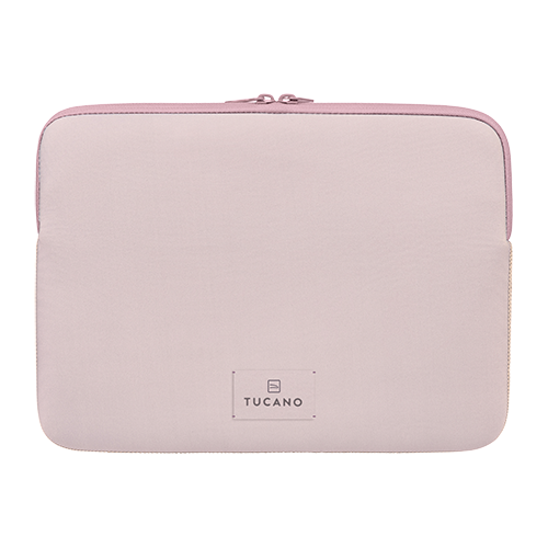 Eine leichte, hellrosa Laptoptasche mit pinkem Reißverschluss und Tucano-Logo.
