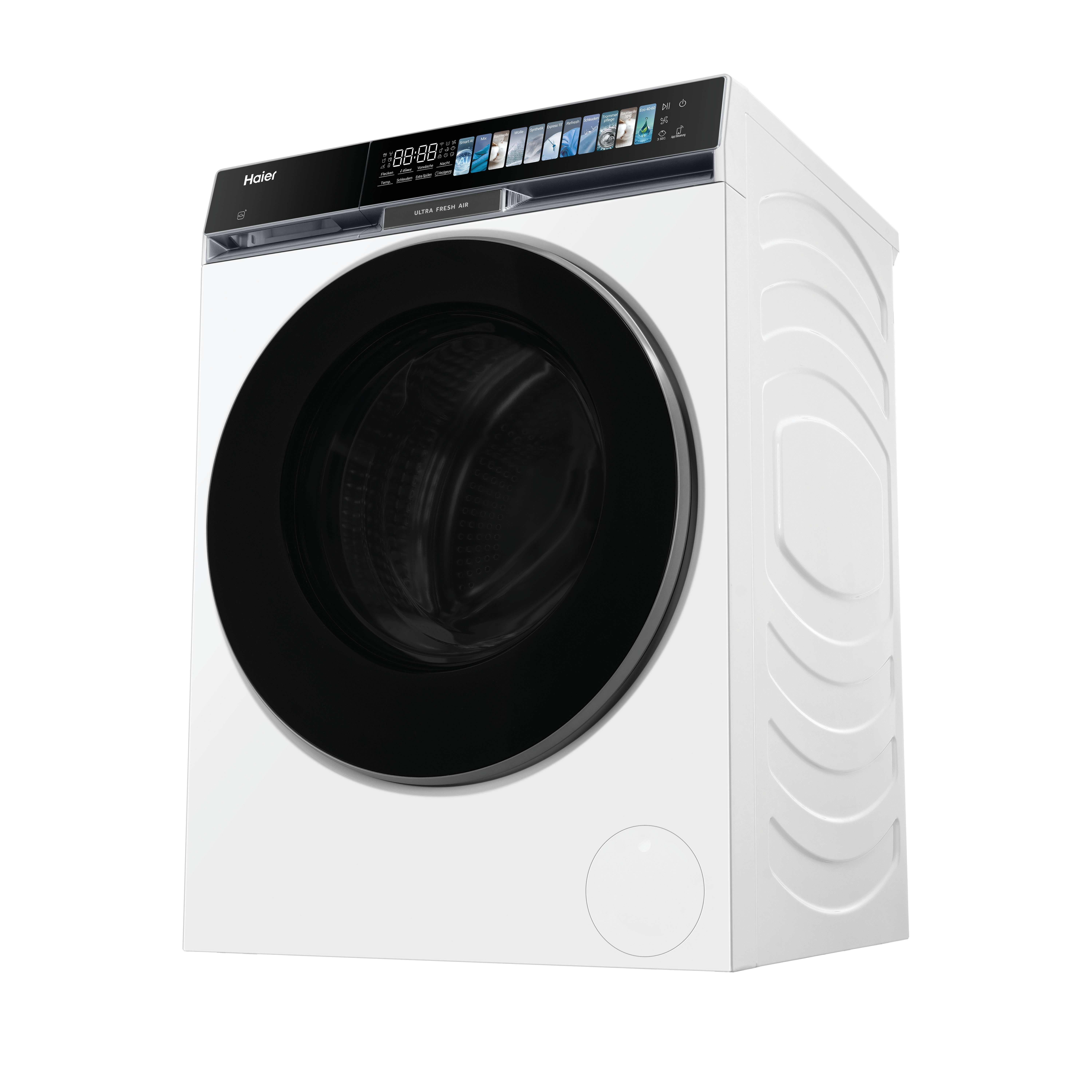 Eine weiße Haier Waschmaschine mit schwarzer Tür und digitalem Display.