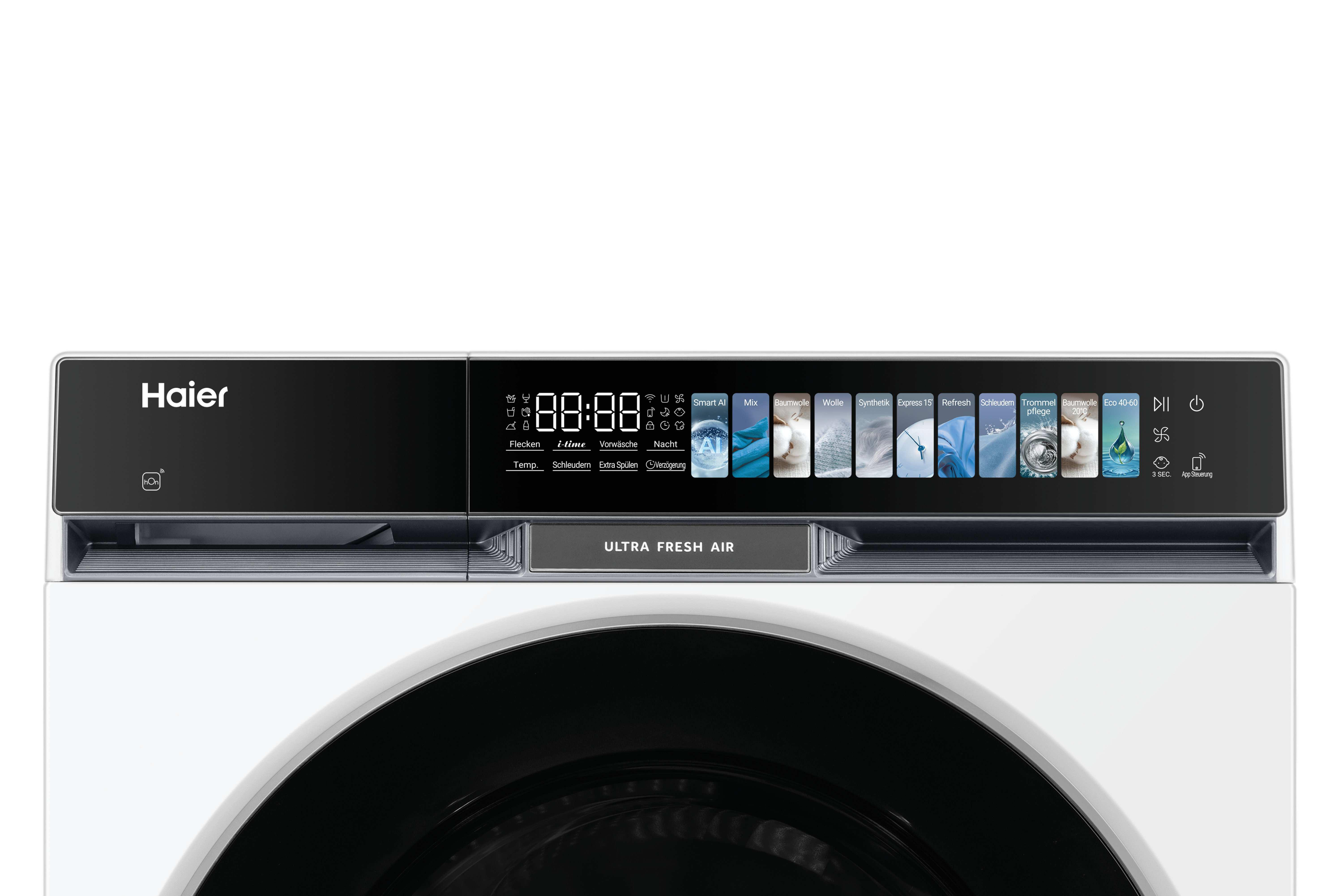 Haier Waschmaschine mit digitalem Display und Programmauswahl, darunter Smart AI, Mix, Wolle, Synthetik, Refresh.