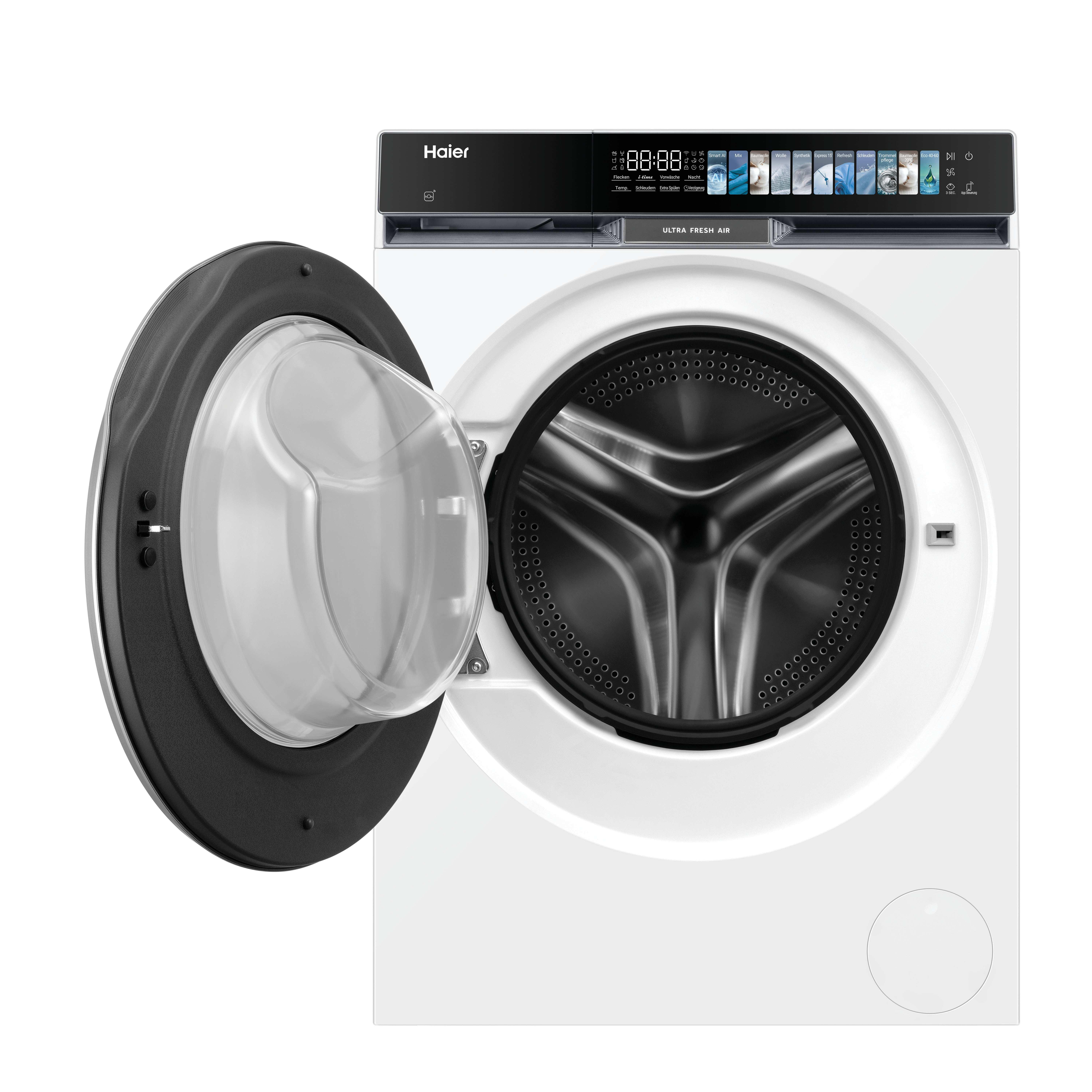 Eine weiße Haier Waschmaschine mit offener Tür und digitalem Display.