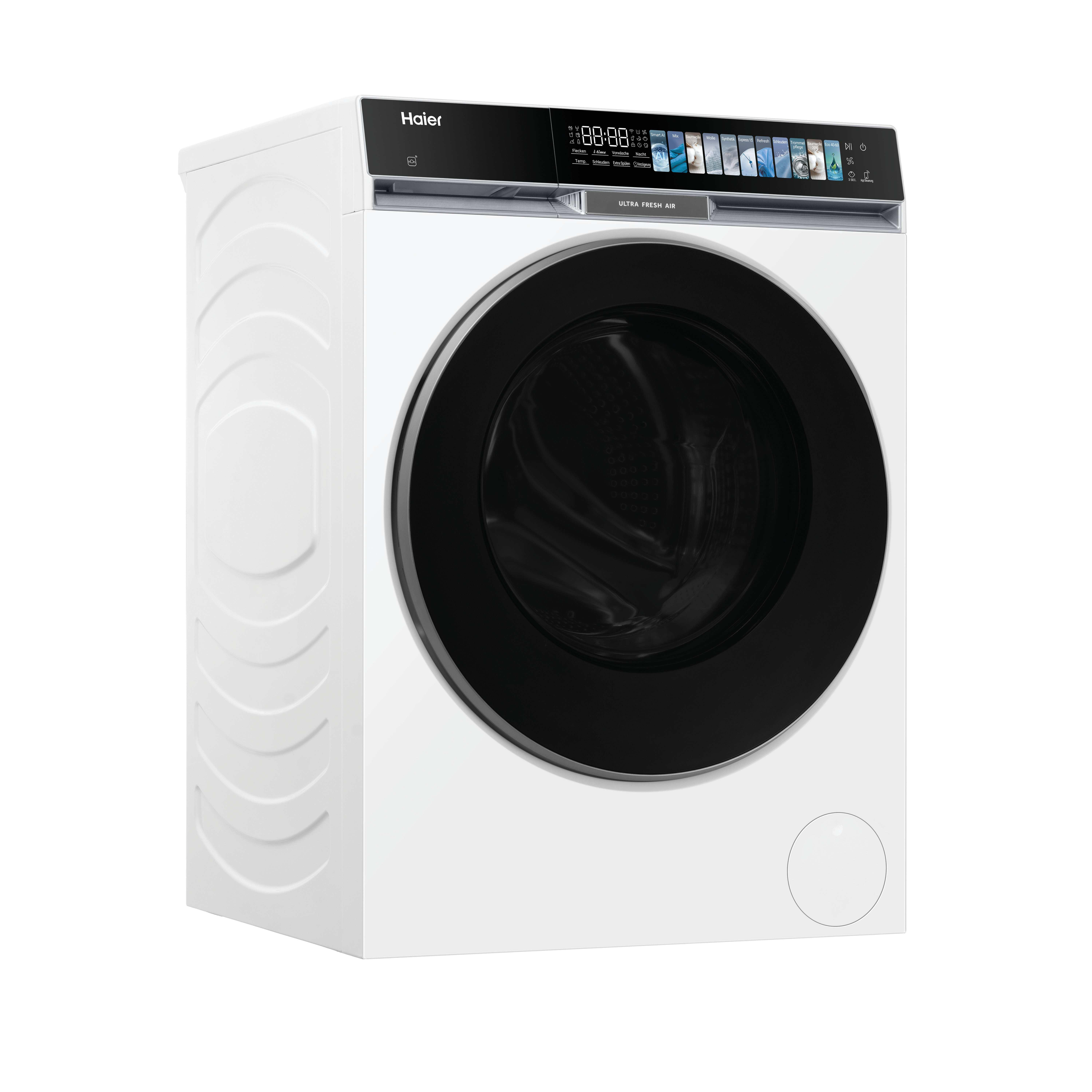 Weiße Haier Waschmaschine mit schwarzer Tür und digitalem Display.