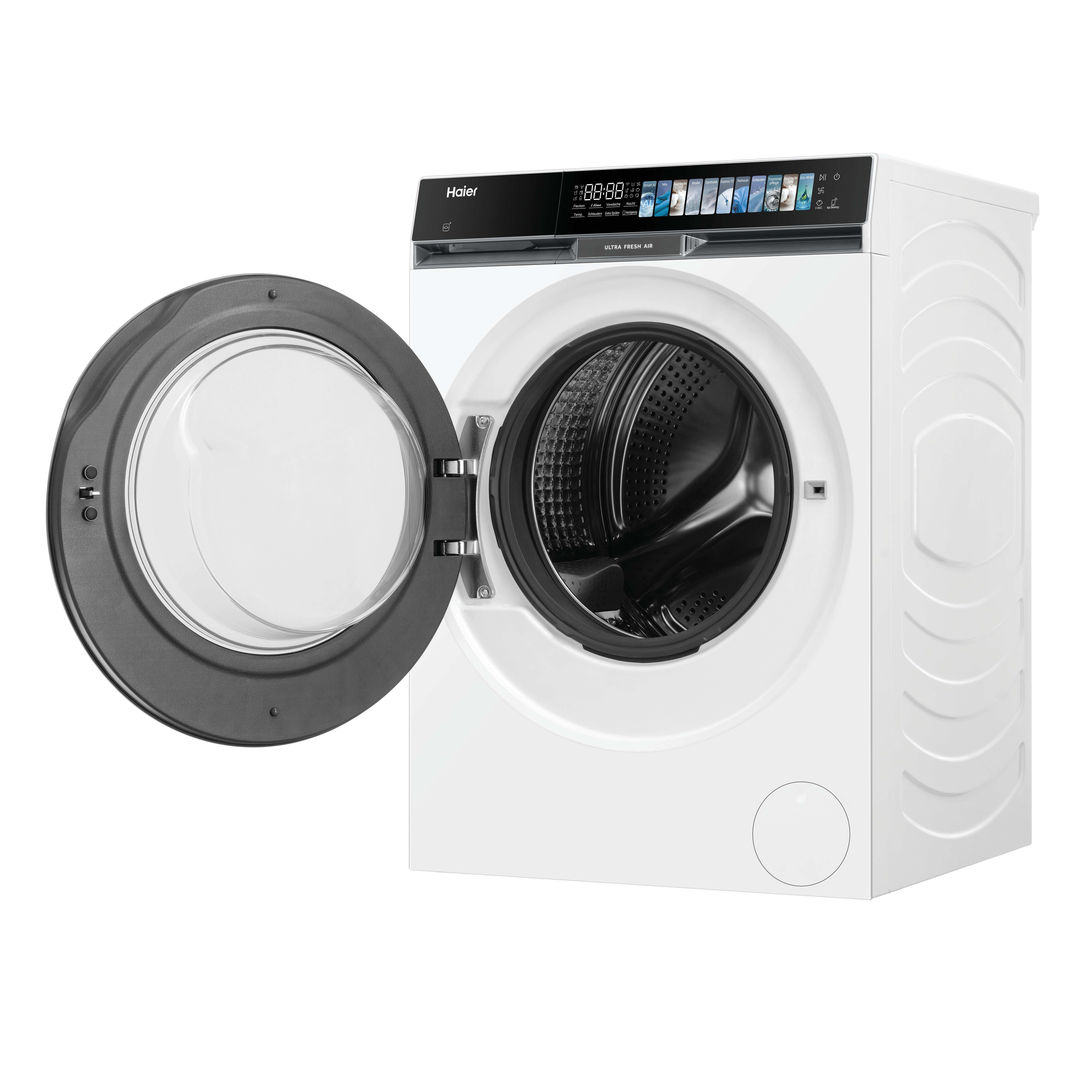 Eine weiße Haier Waschmaschine mit geöffneter Tür und digitalem Display.