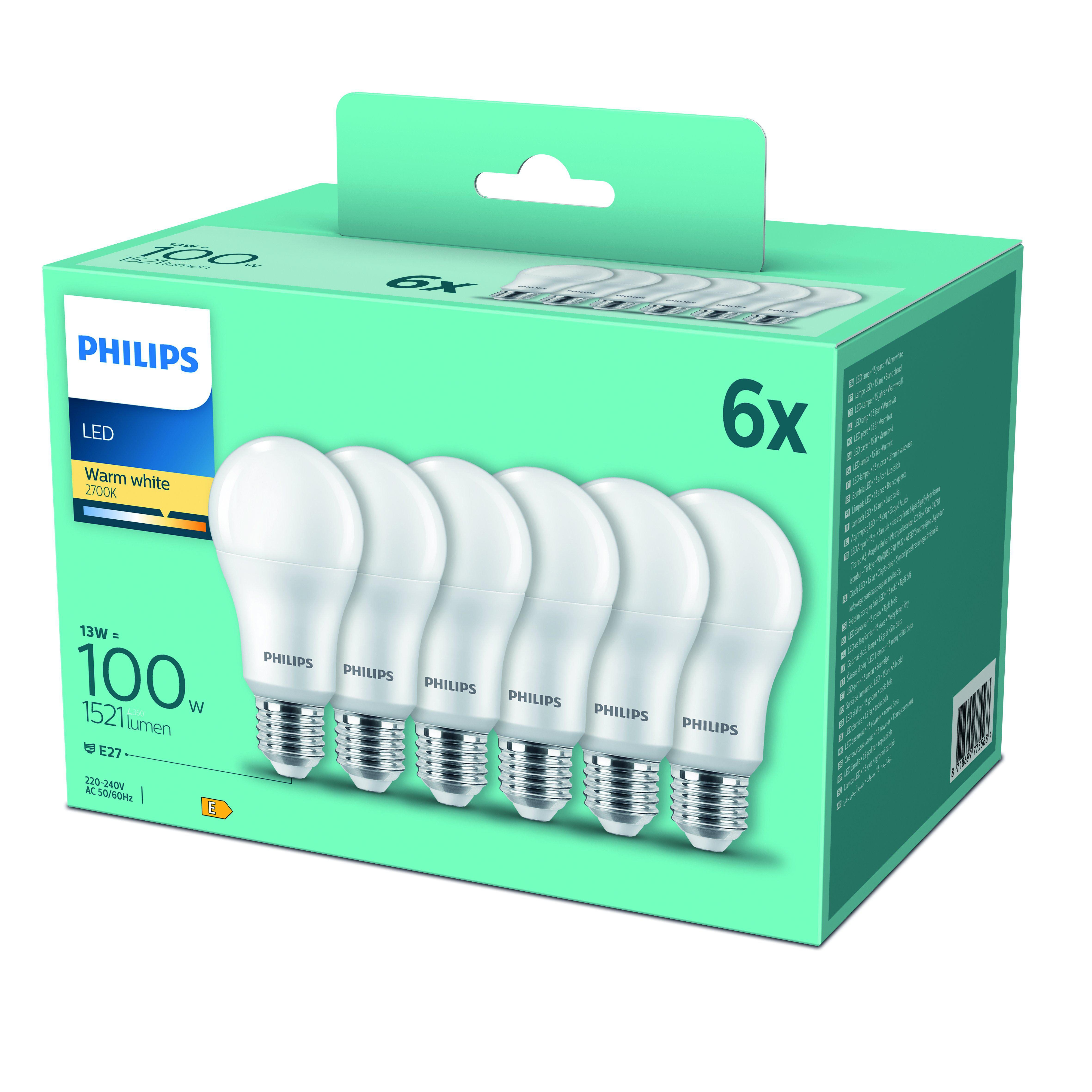 Verpackung mit sechs Philips LED-Lampen, warmweiß, 2700K, 13W=100W.