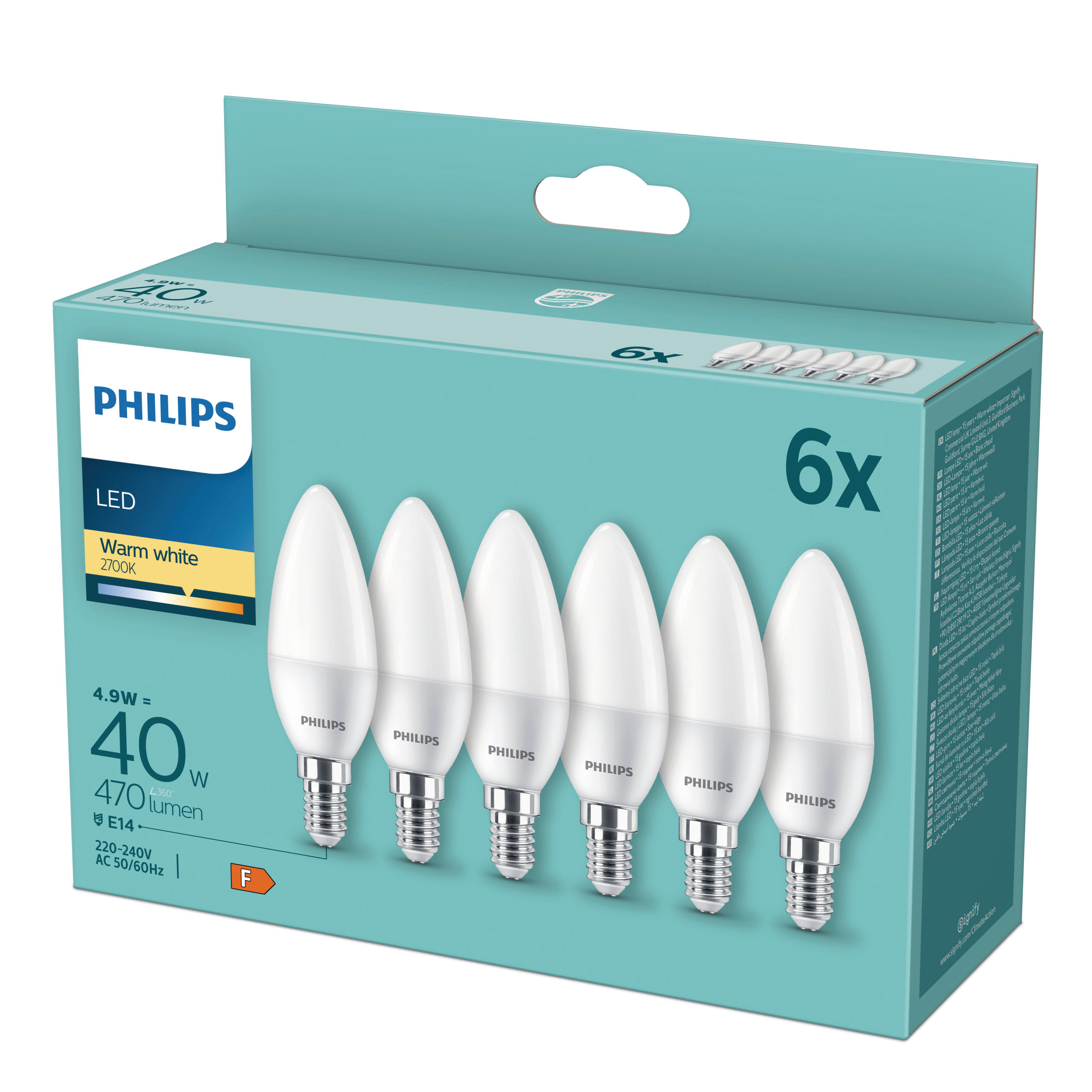 Packung mit sechs Philips LED-Kerzenbirnen, Warmweiß, 4,9W=40W.