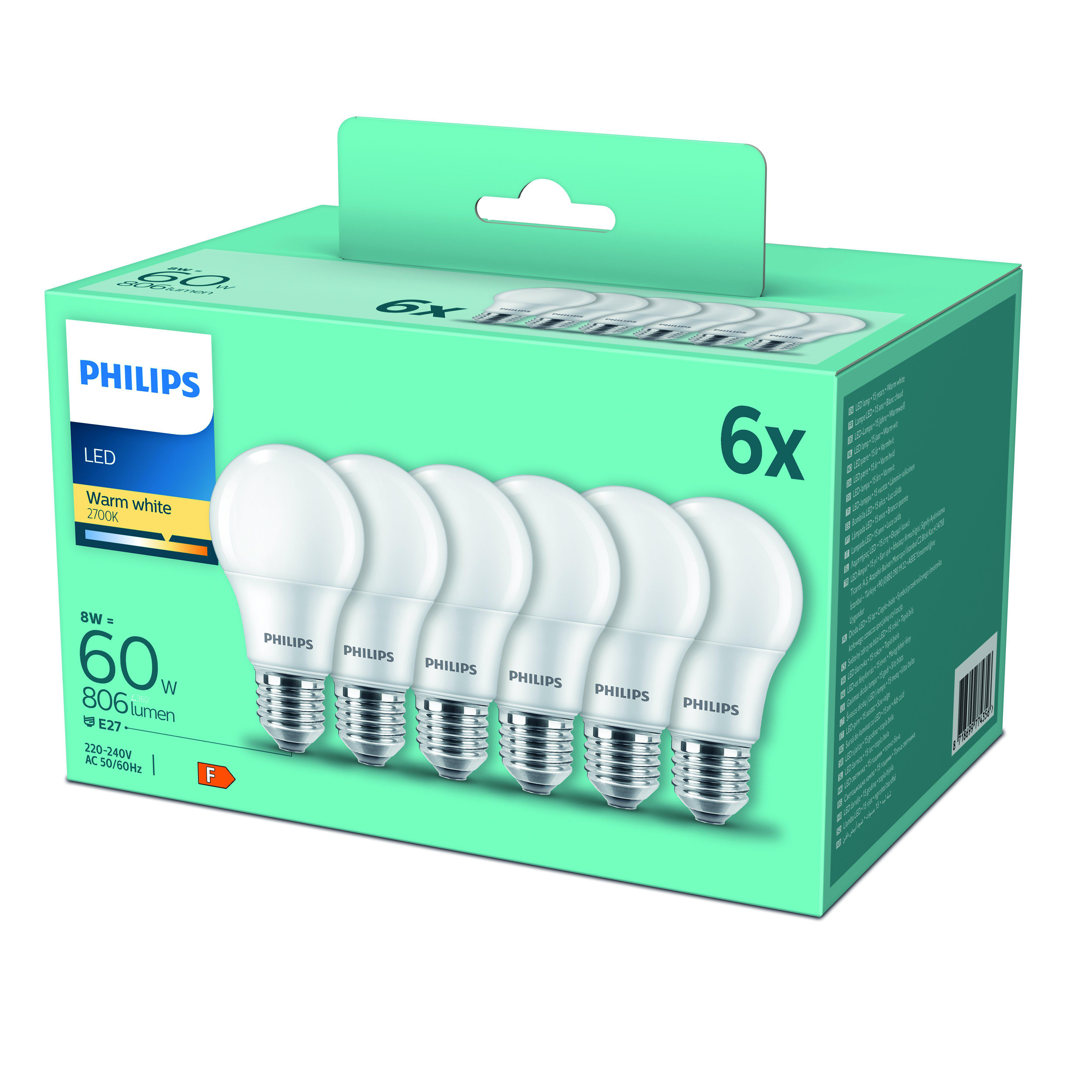 Packung mit sechs warmweißen Philips LED-Lampen, 8W, 806 Lumen.