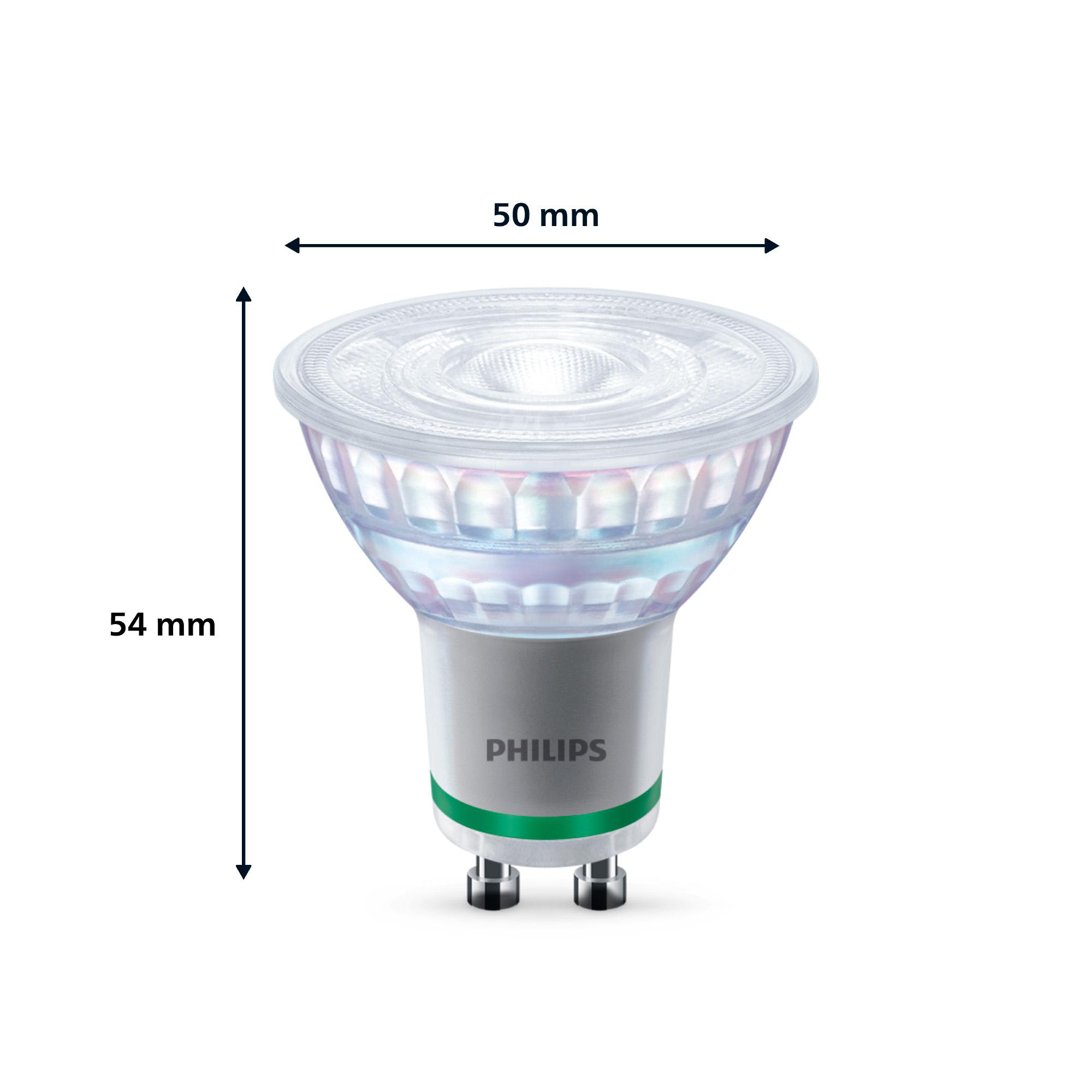 Philips GU10 LED-Lampe, 54 mm hoch, 50 mm breit, silberner Sockel.
