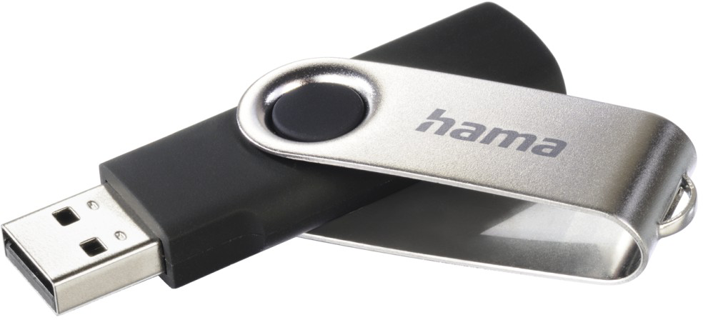 Fekete USB-meghajtó ezüst forgókarral és Hama logóval.