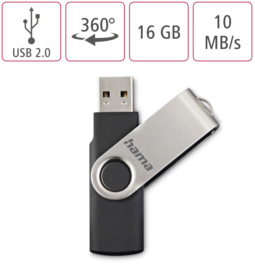 Fekete USB-meghajtó forgatható ezüst kupakkal és Hama logóval.