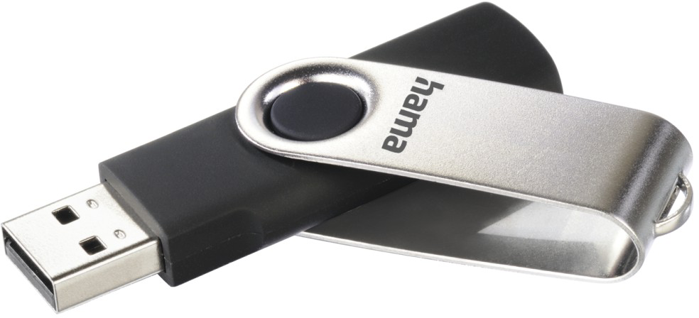 Fekete USB-meghajtó ezüst forgókarral és Hama logóval.