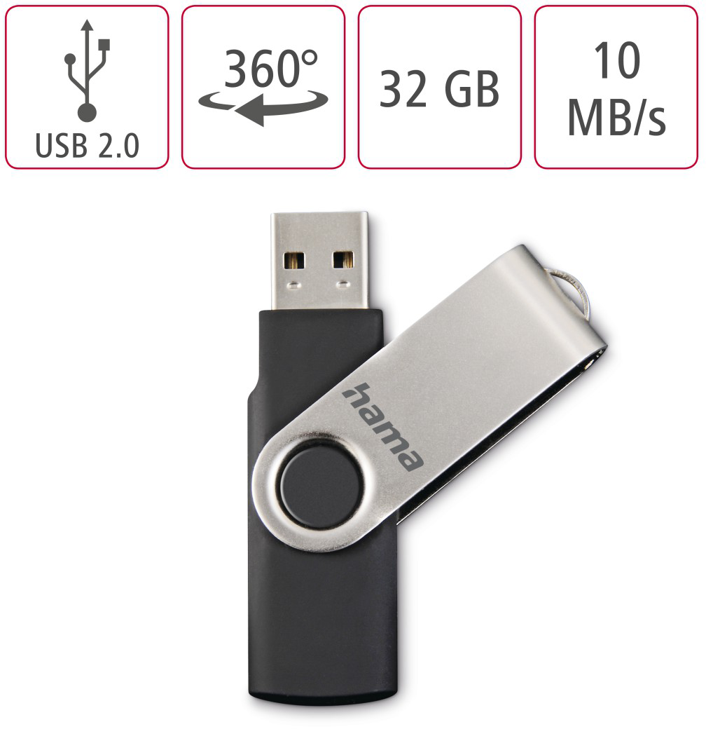 Egy 32 GB-os USB flash meghajtó forgatható fém kupakkal és fekete házzal.