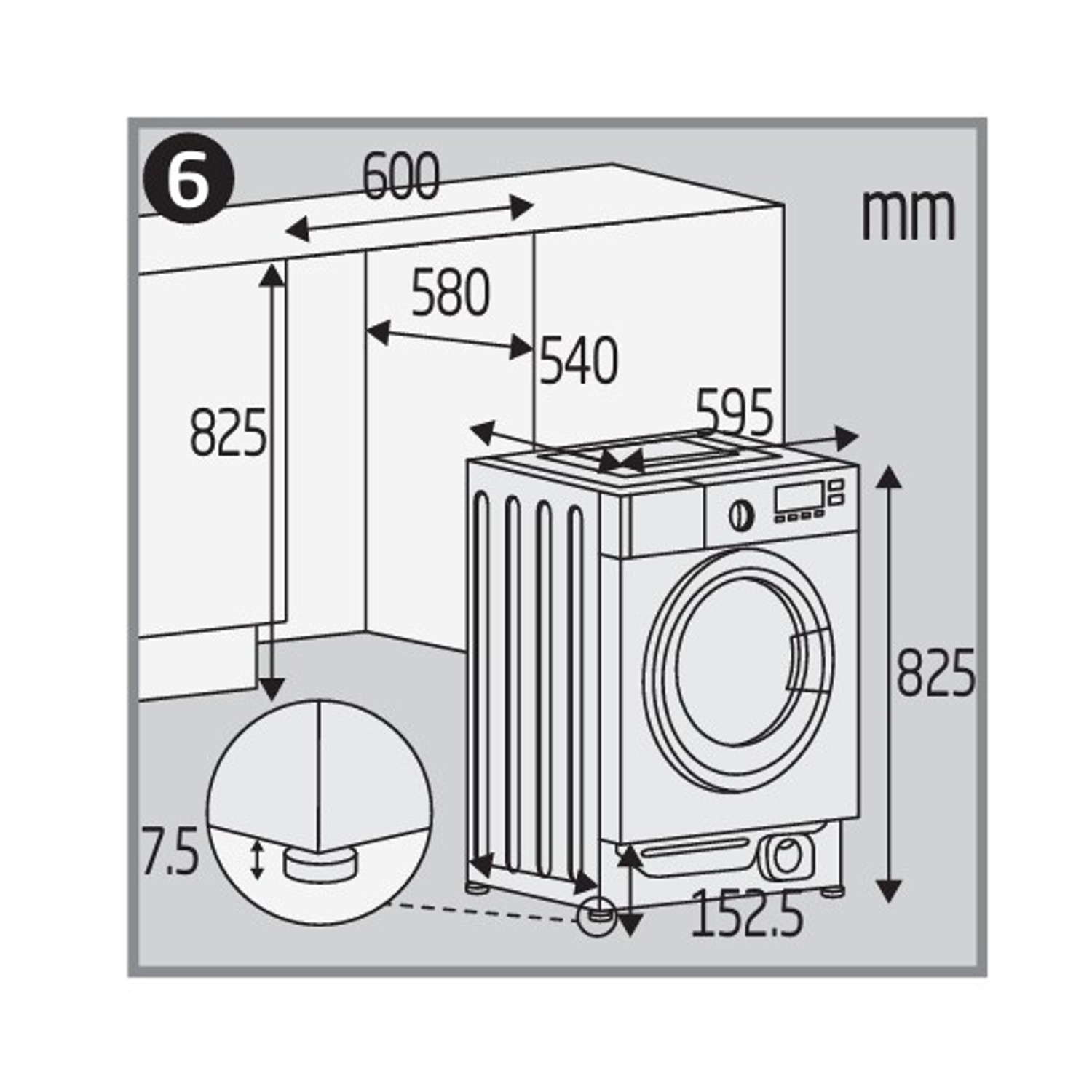 Disegno tecnico di una lavatrice con dimensioni.