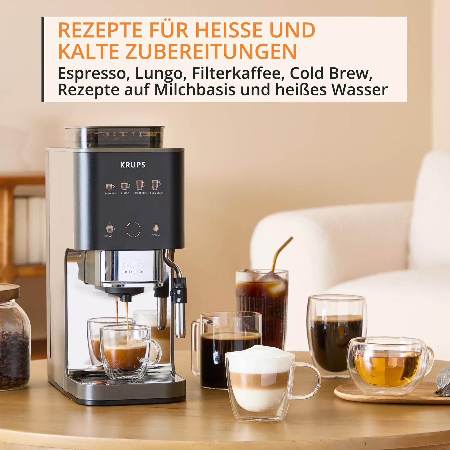 Krups Kaffeemaschine mit verschiedenen Kaffees und Getränken in Gläsern.