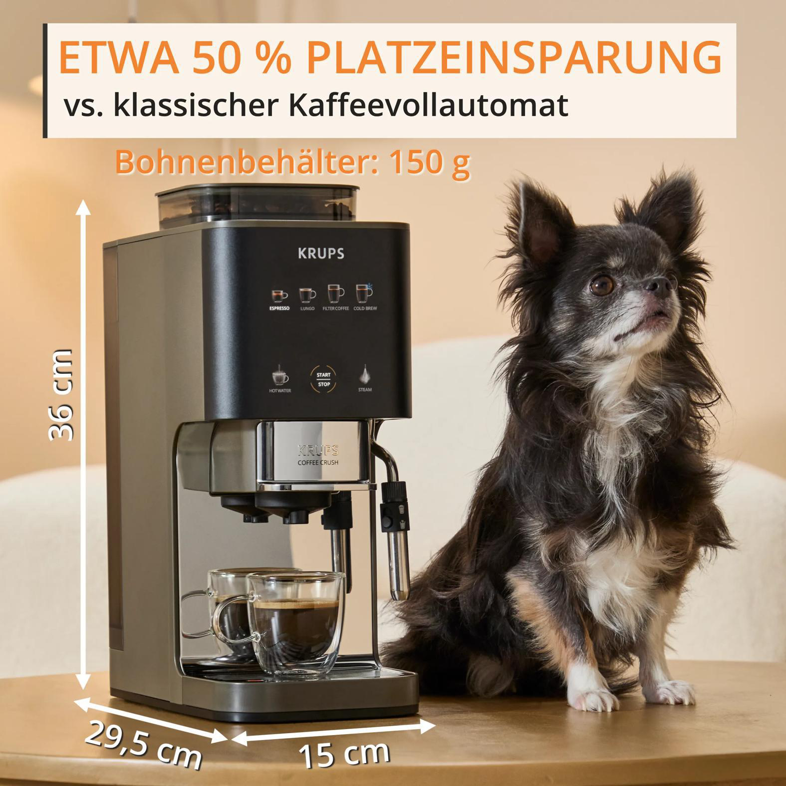 Krups Kaffeemaschine mit zwei Tassen und einem Chihuahua auf einem Holztisch.