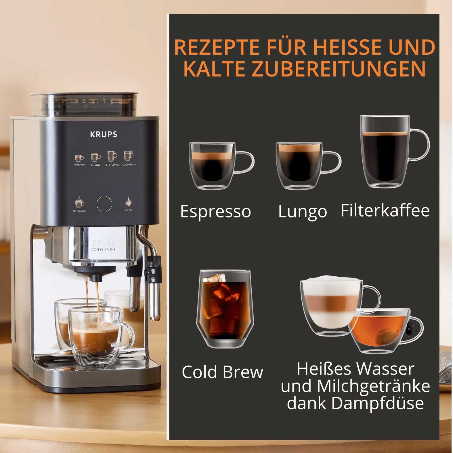 Krups Kaffeemaschine mit Espresso, Kaffee und Eisgetränken.