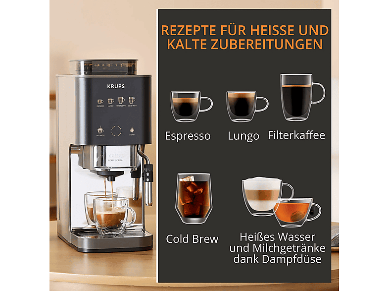 Krups SA 403B Coffee Crush Experience, Kaffeevollautomat (Lioness, Kegelmahlwerk aus Edelstahl, 15 bar, Dampfdüse) — Foto 4 von 5